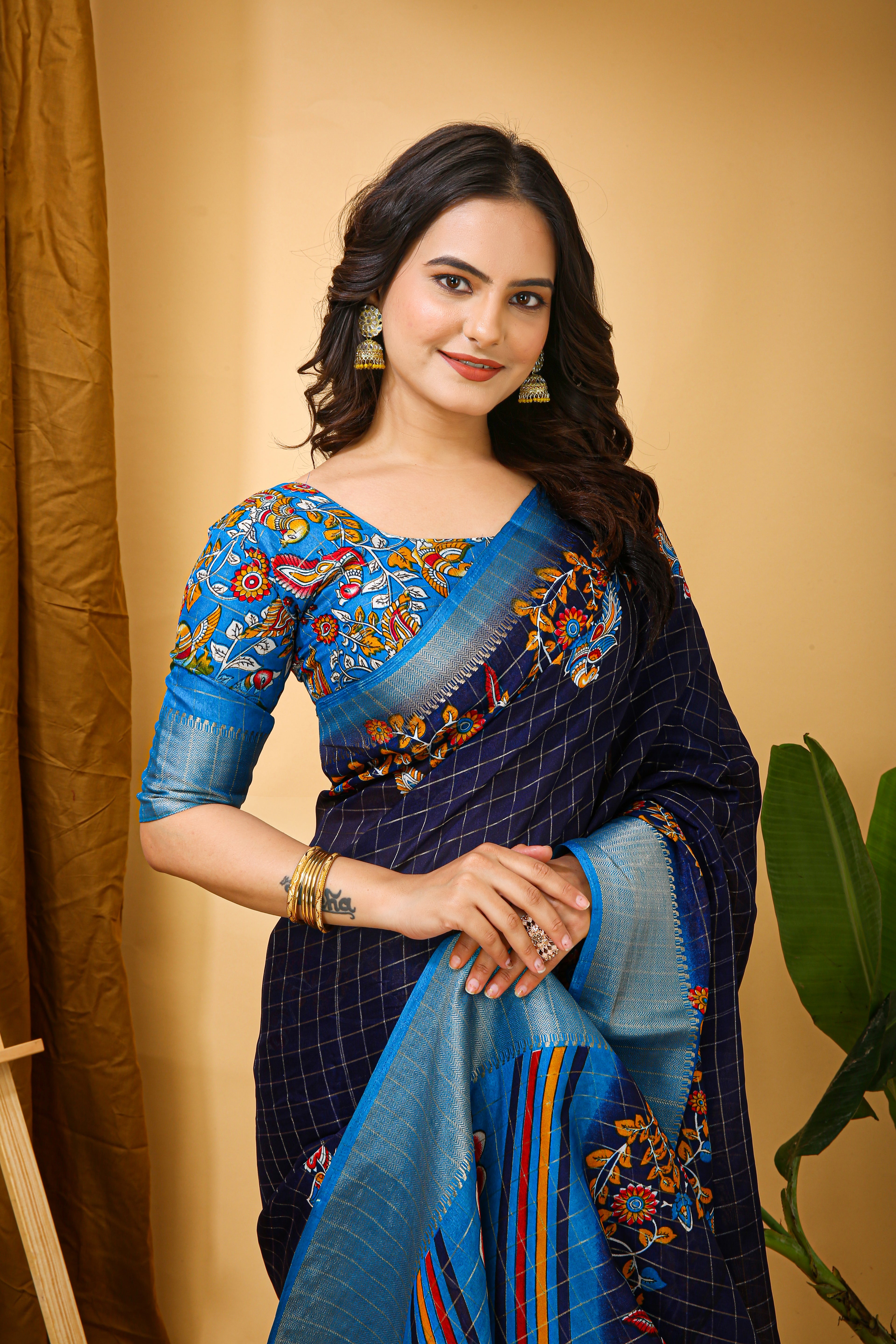 New Fancy Kalamkari Print & Jecard Kanjivaram Zari Boder Blue Saree With Unstiched Blouse