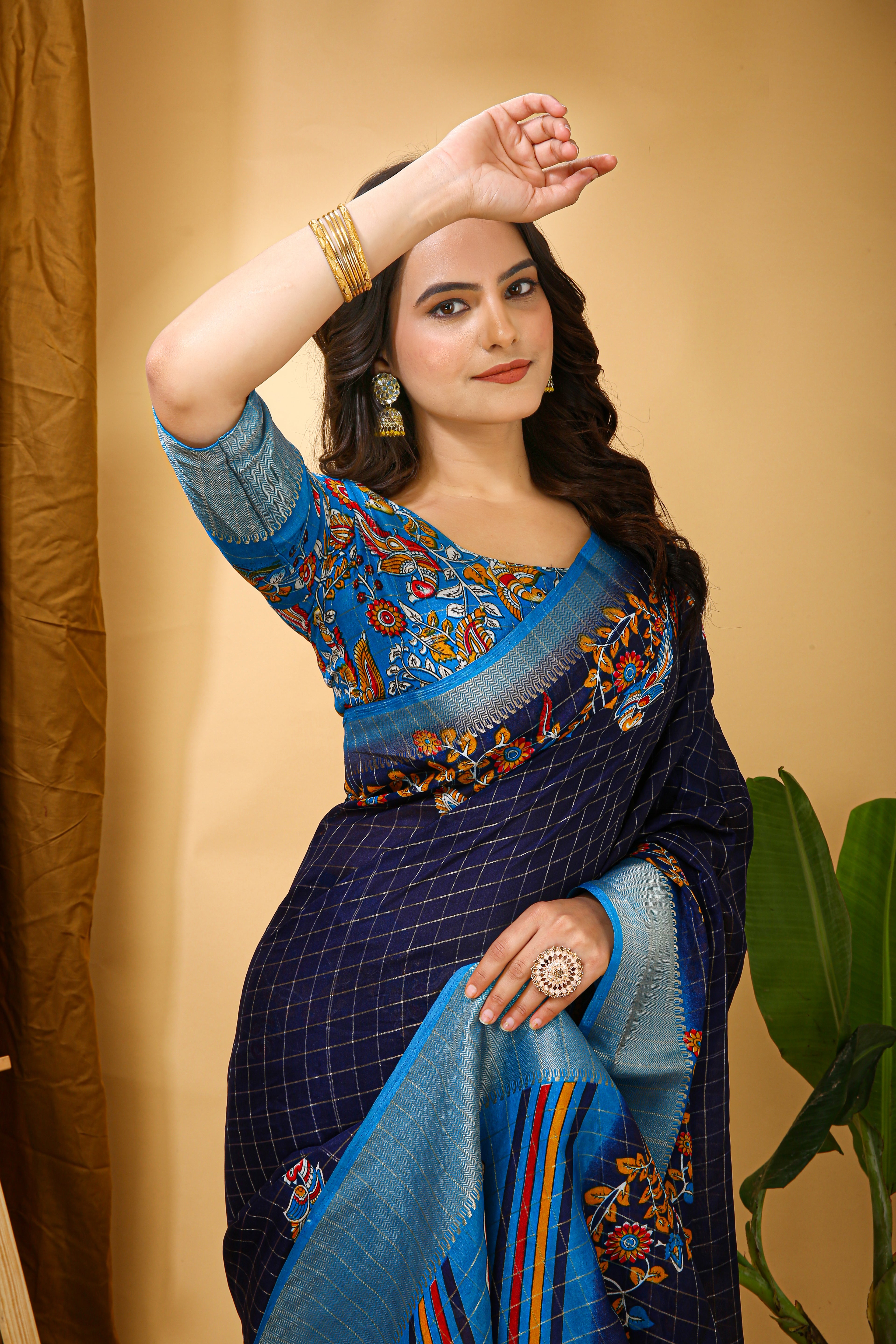 New Fancy Kalamkari Print & Jecard Kanjivaram Zari Boder Blue Saree With Unstiched Blouse