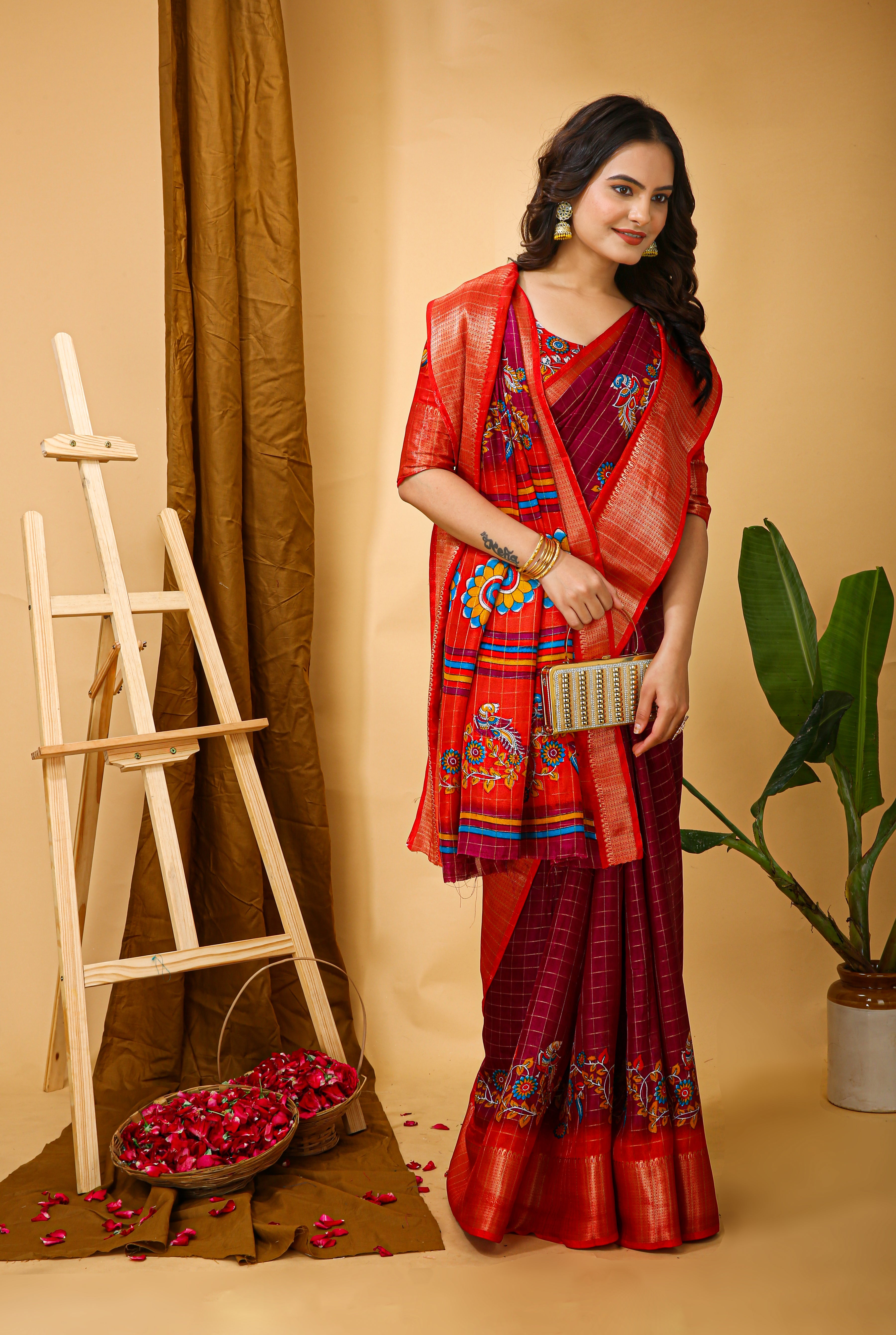 New Fancy Kalamkari Print & Jecard Kanjivaram Zari Boder Maroon Saree With Unstiched Blouse