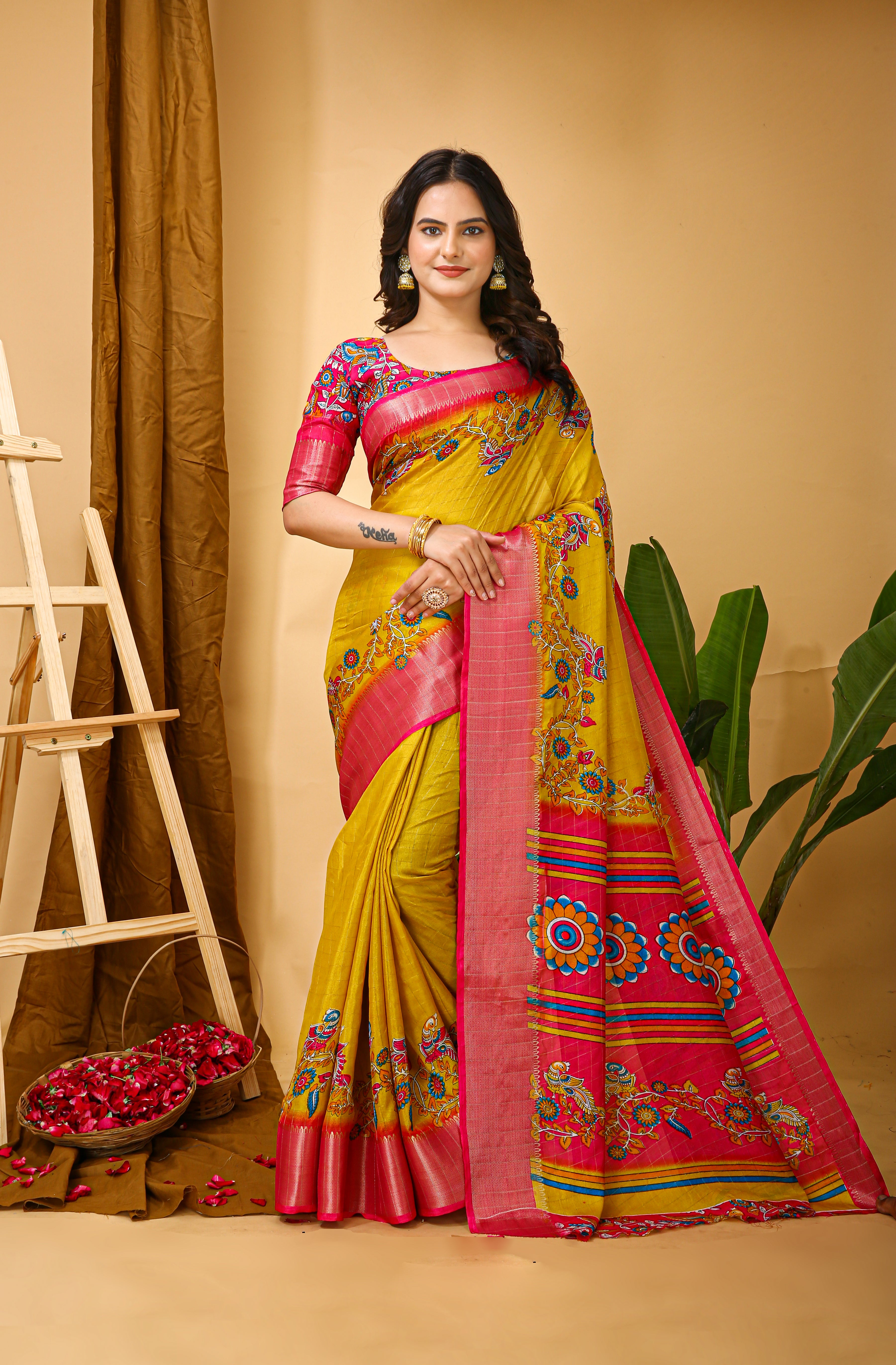 New Fancy Kalamkari Print & Jecard Kanjivaram Zari Boder Yellow Saree With Unstiched Blouse