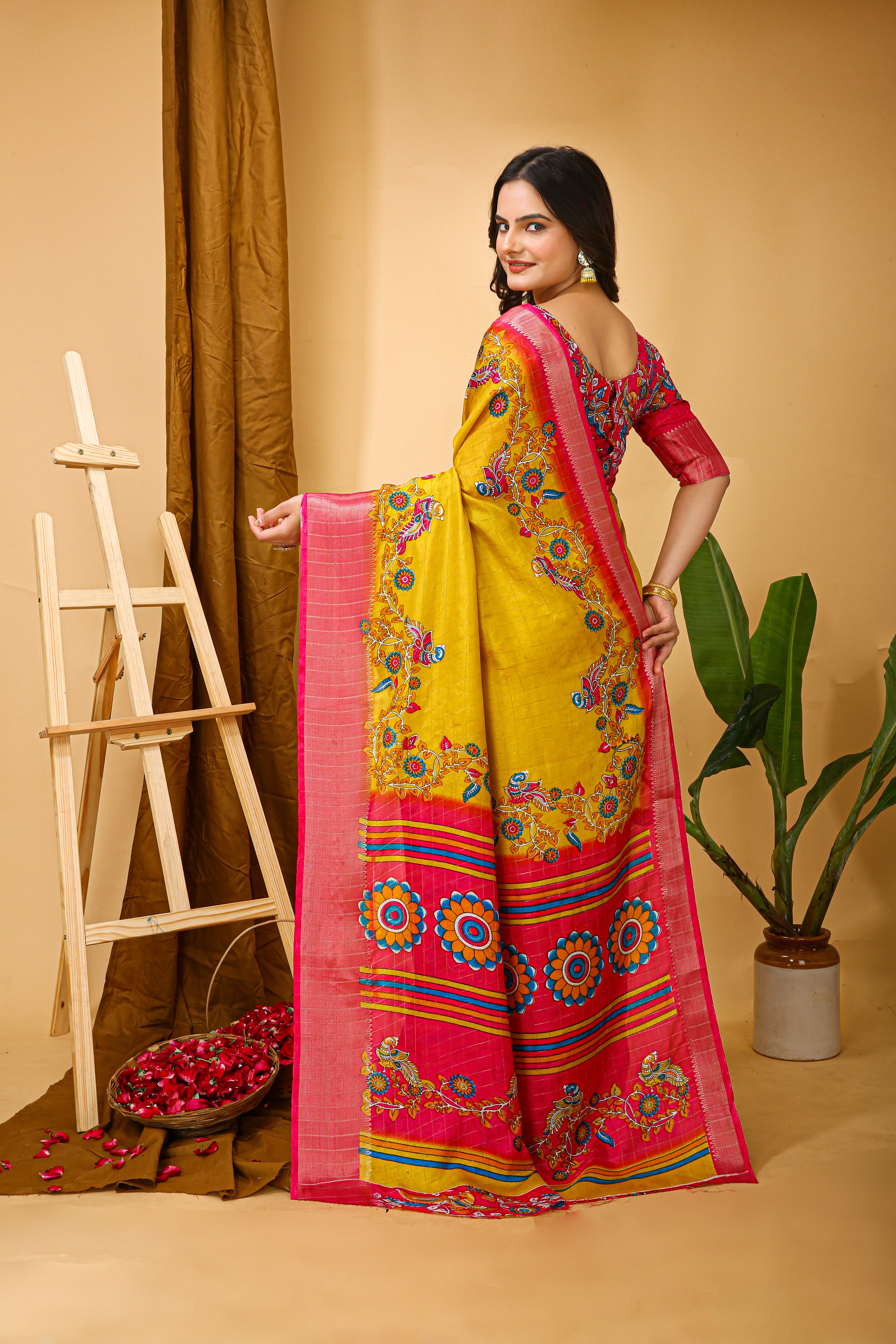 New Fancy Kalamkari Print & Jecard Kanjivaram Zari Boder Yellow Saree With Unstiched Blouse