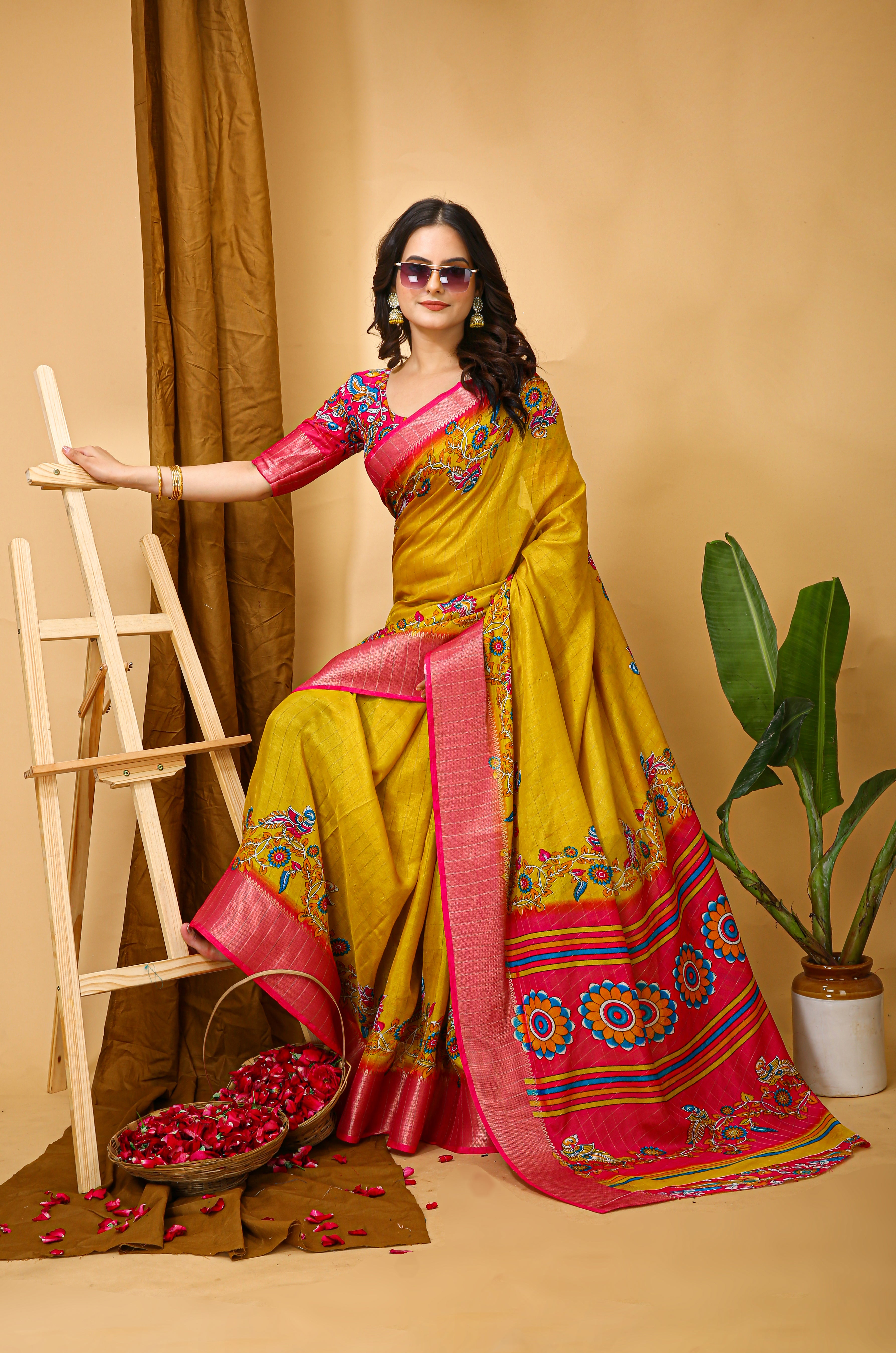 New Fancy Kalamkari Print & Jecard Kanjivaram Zari Boder Yellow Saree With Unstiched Blouse