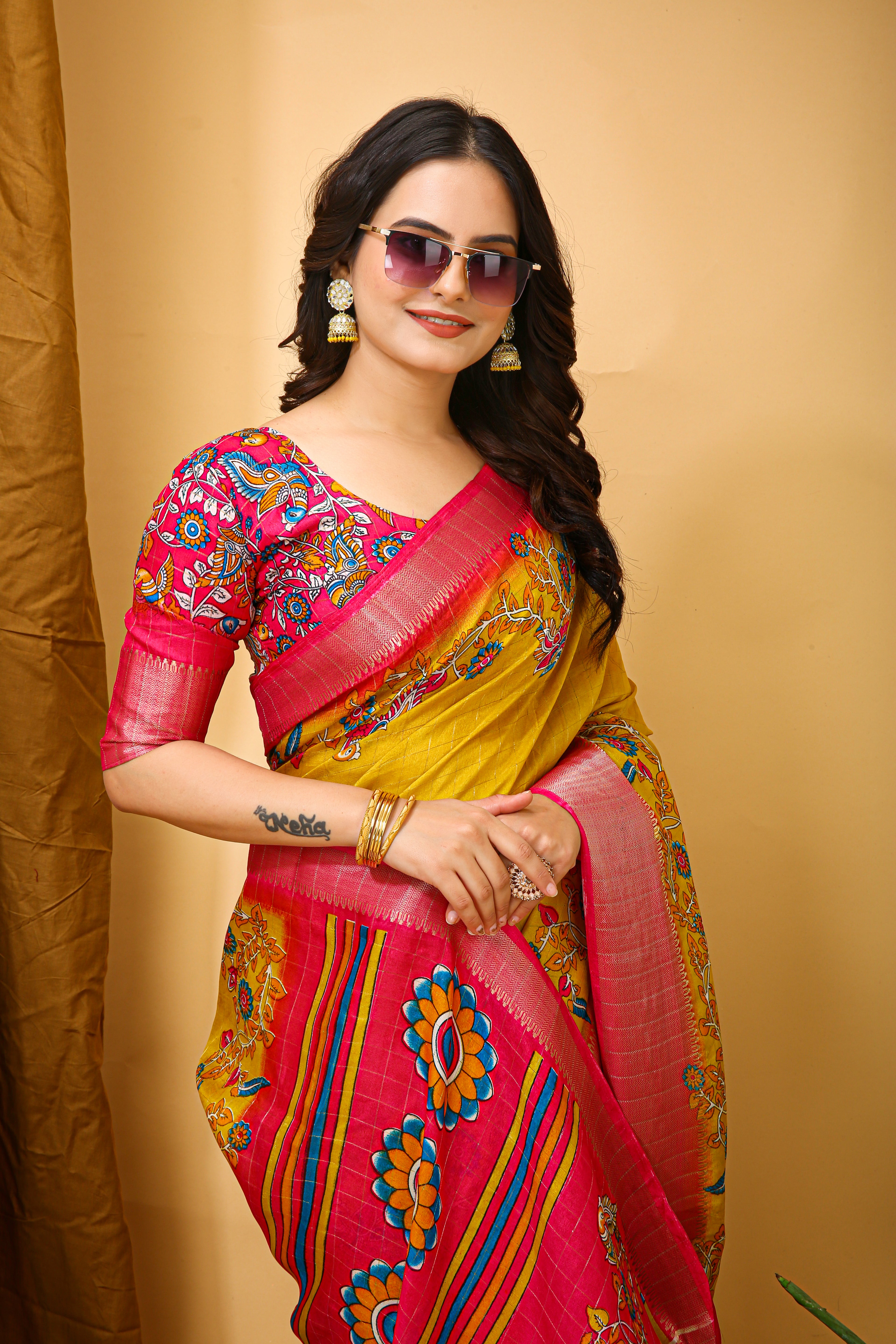 New Fancy Kalamkari Print & Jecard Kanjivaram Zari Boder Yellow Saree With Unstiched Blouse