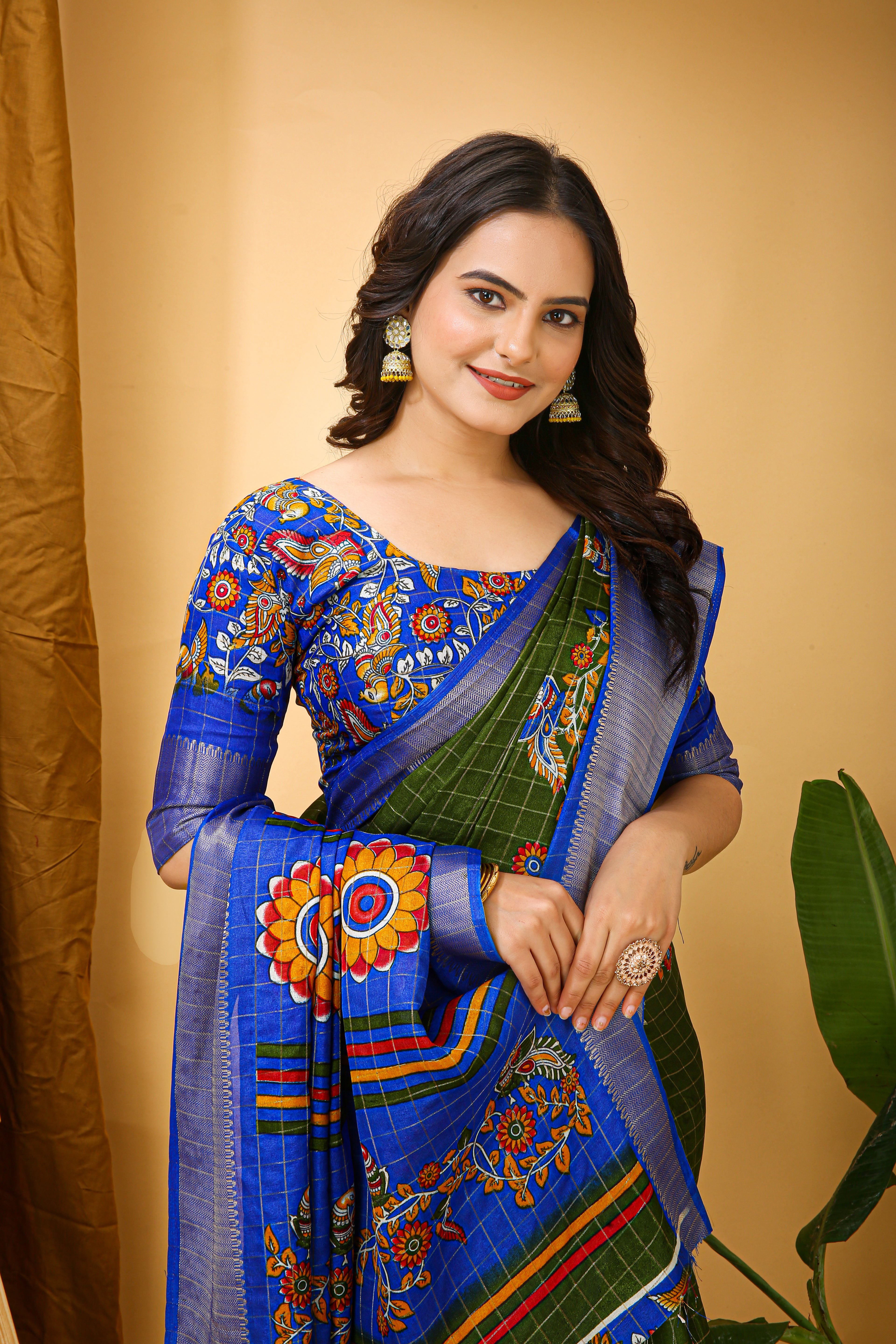 New Fancy Kalamkari Print & Jecard Kanjivaram Zari Boder Green Saree With Unstiched Blouse