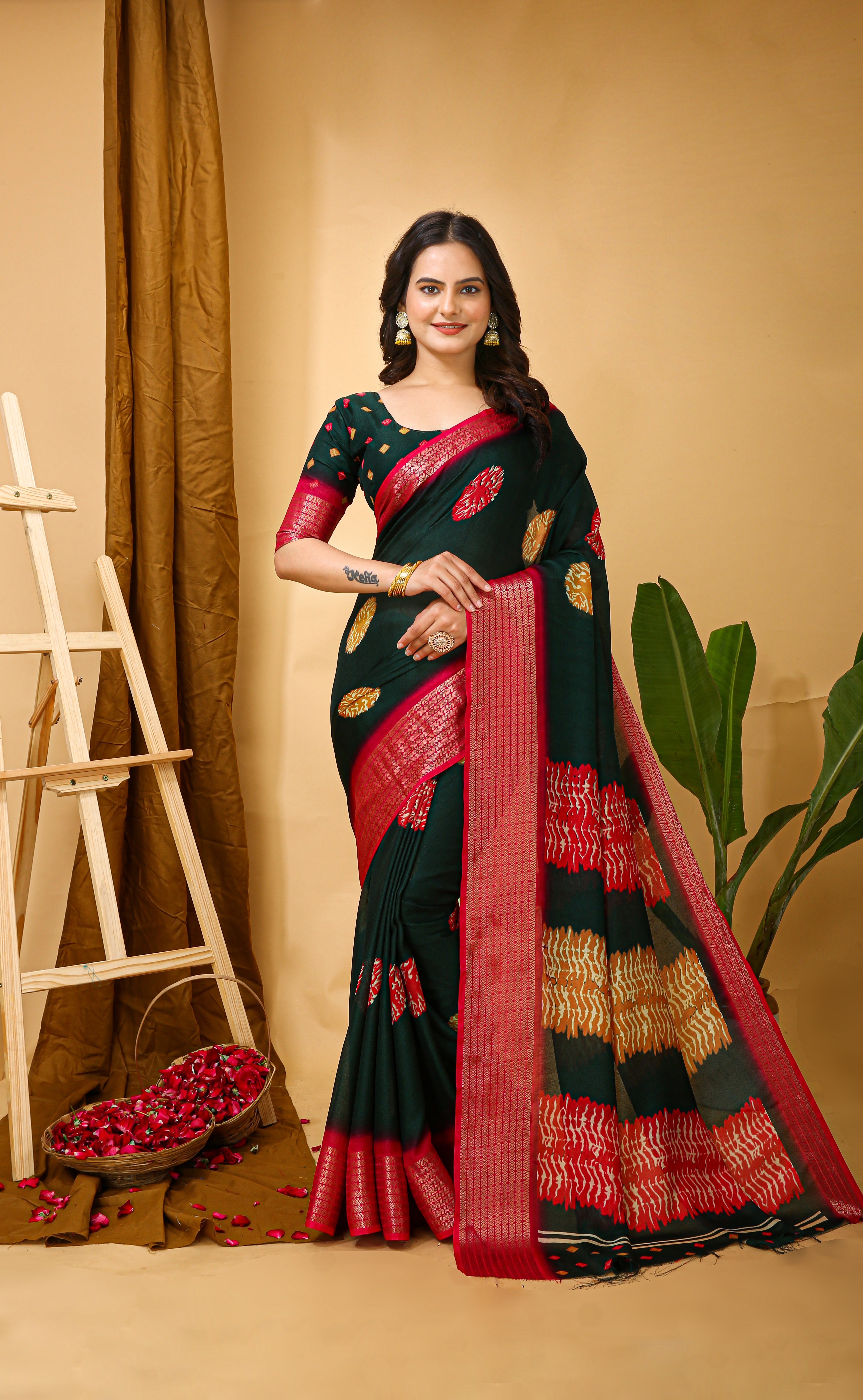 New Fancy Soft Marshmallow Dark Green Saree With Unstiched Blouse