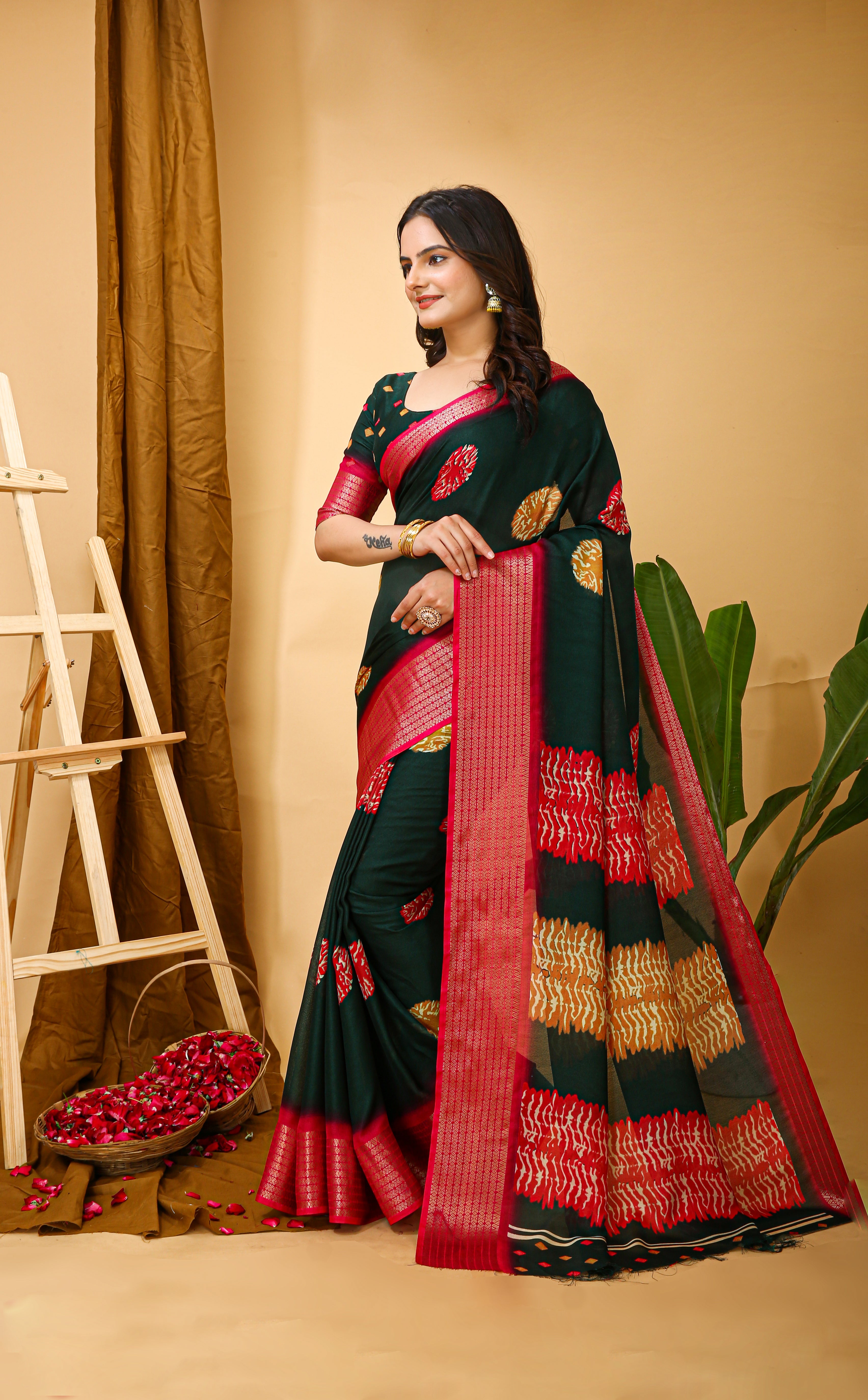 New Fancy Soft Marshmallow Dark Green Saree With Unstiched Blouse