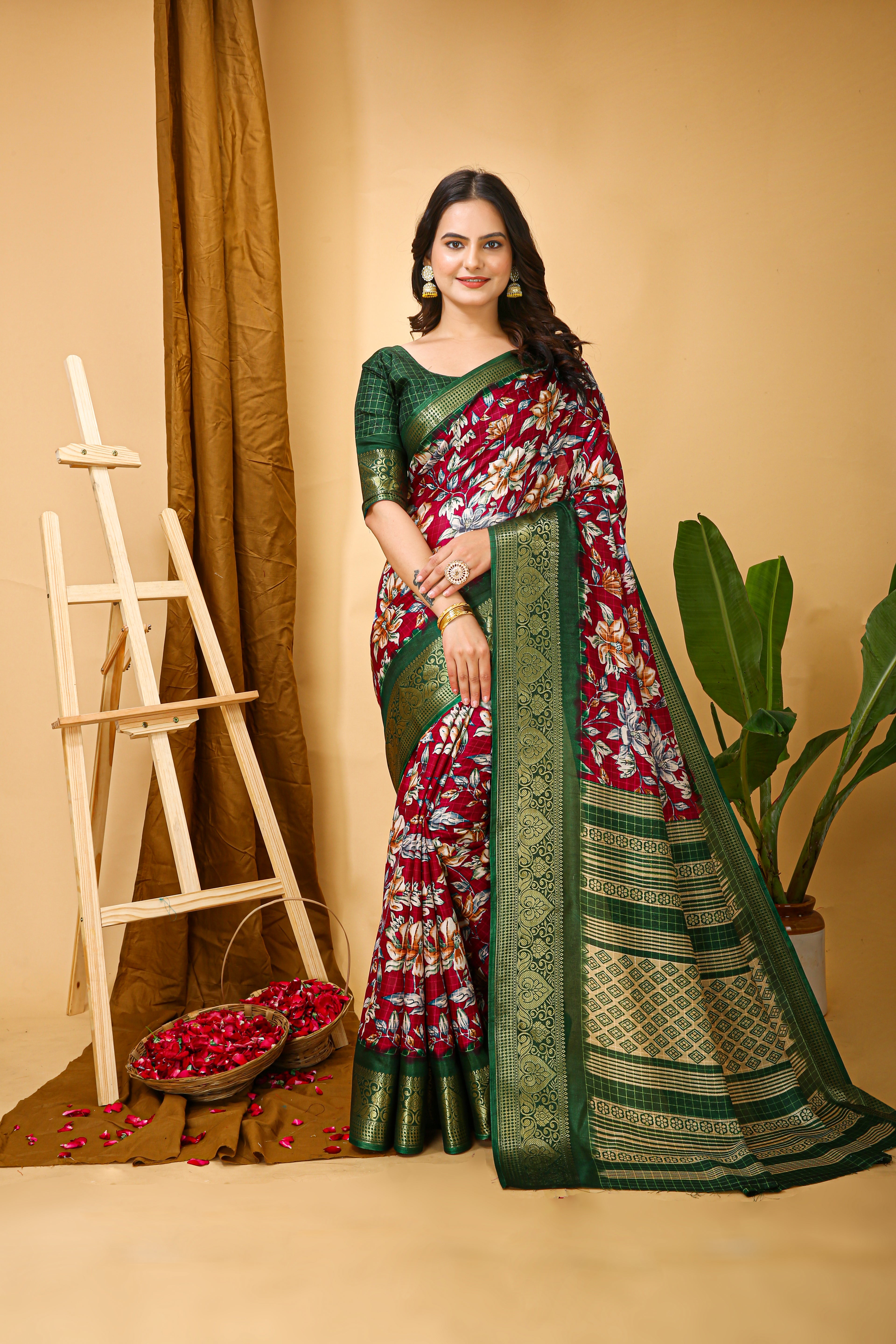 New Enchanting Soft Cotton Green Bordered Red Saree With Unstiched Blouse