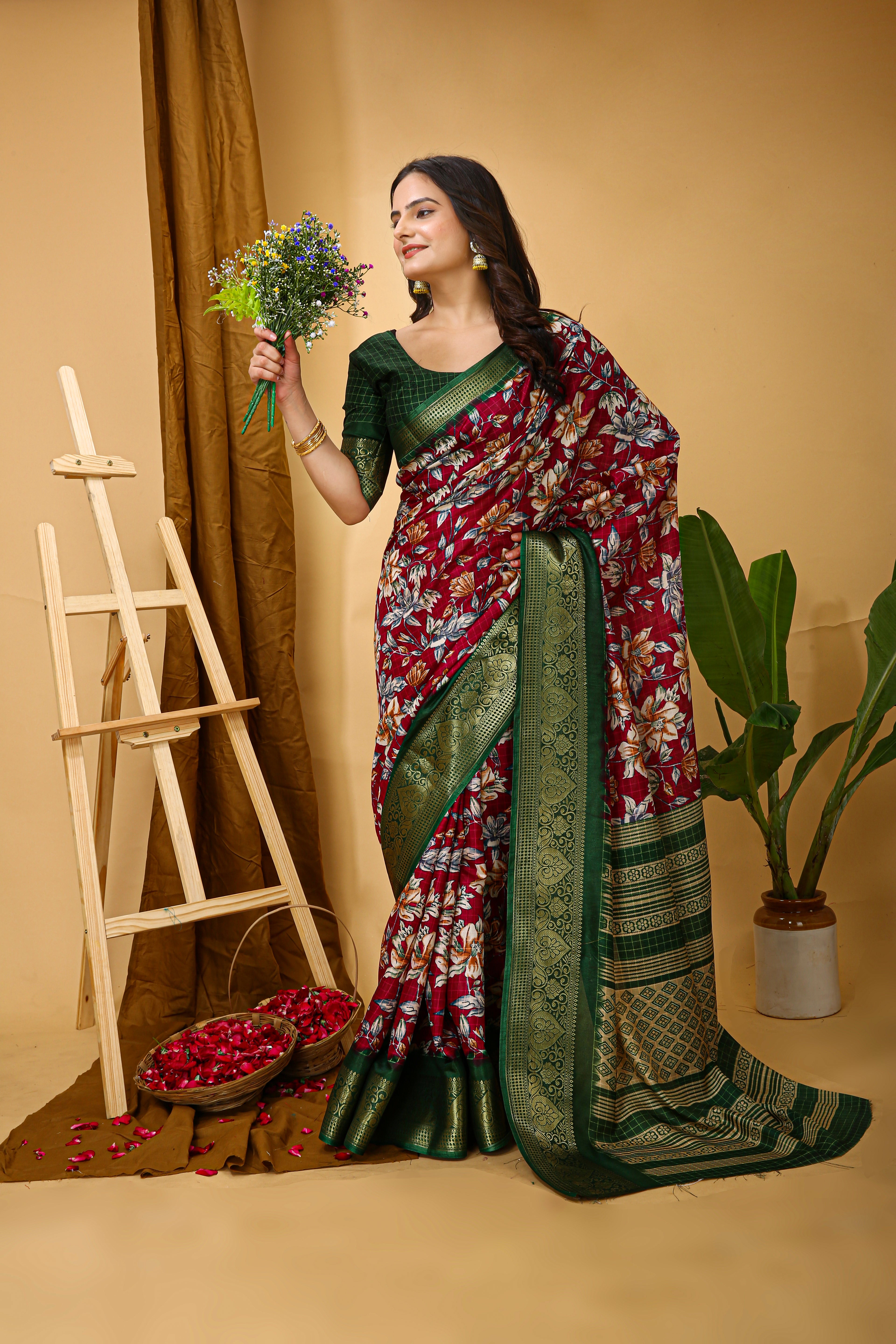 New Enchanting Soft Cotton Green Bordered Red Saree With Unstiched Blouse