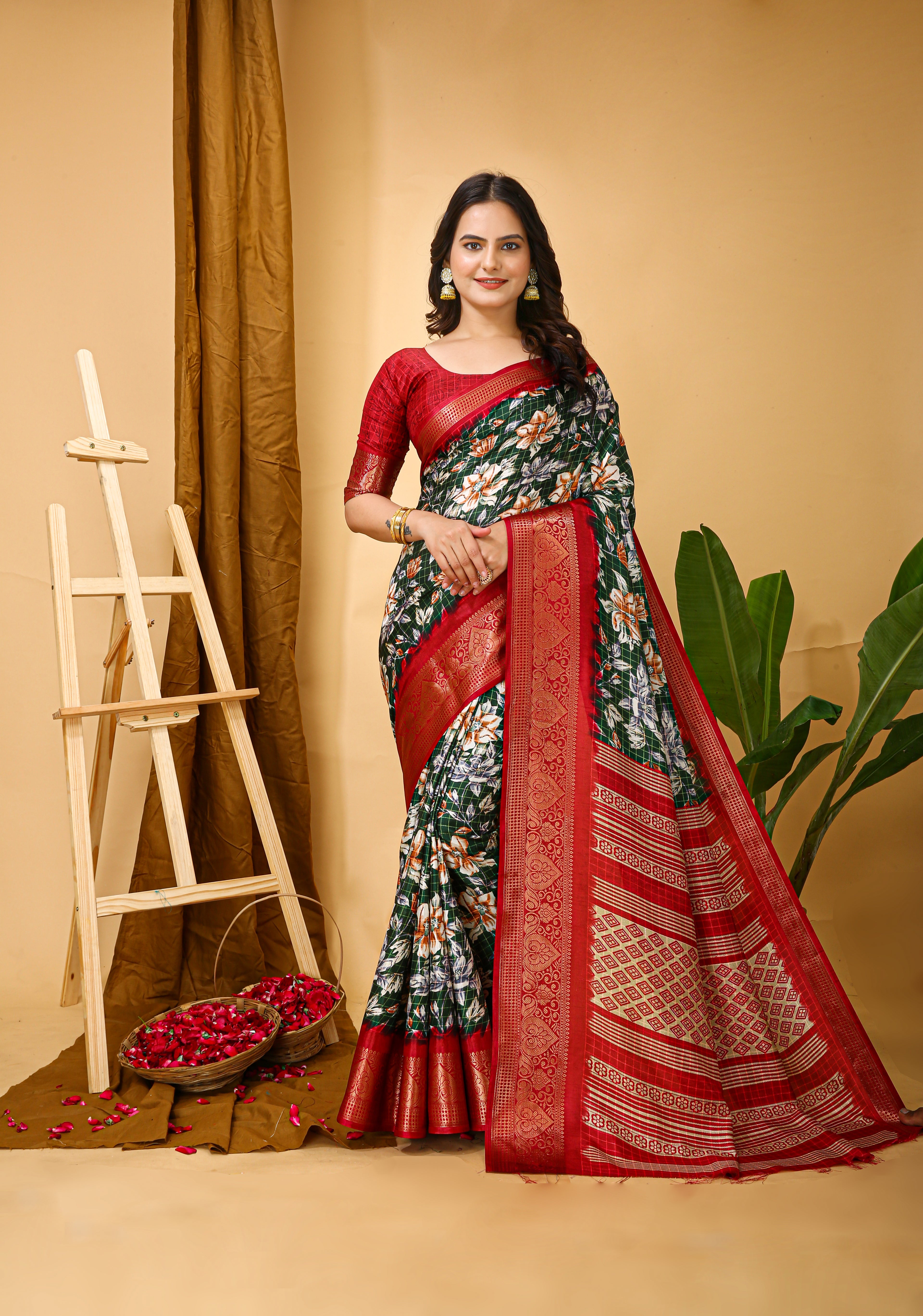 New Enchanting Soft Cotton Red Bodered Green Saree With Unstiched Blouse