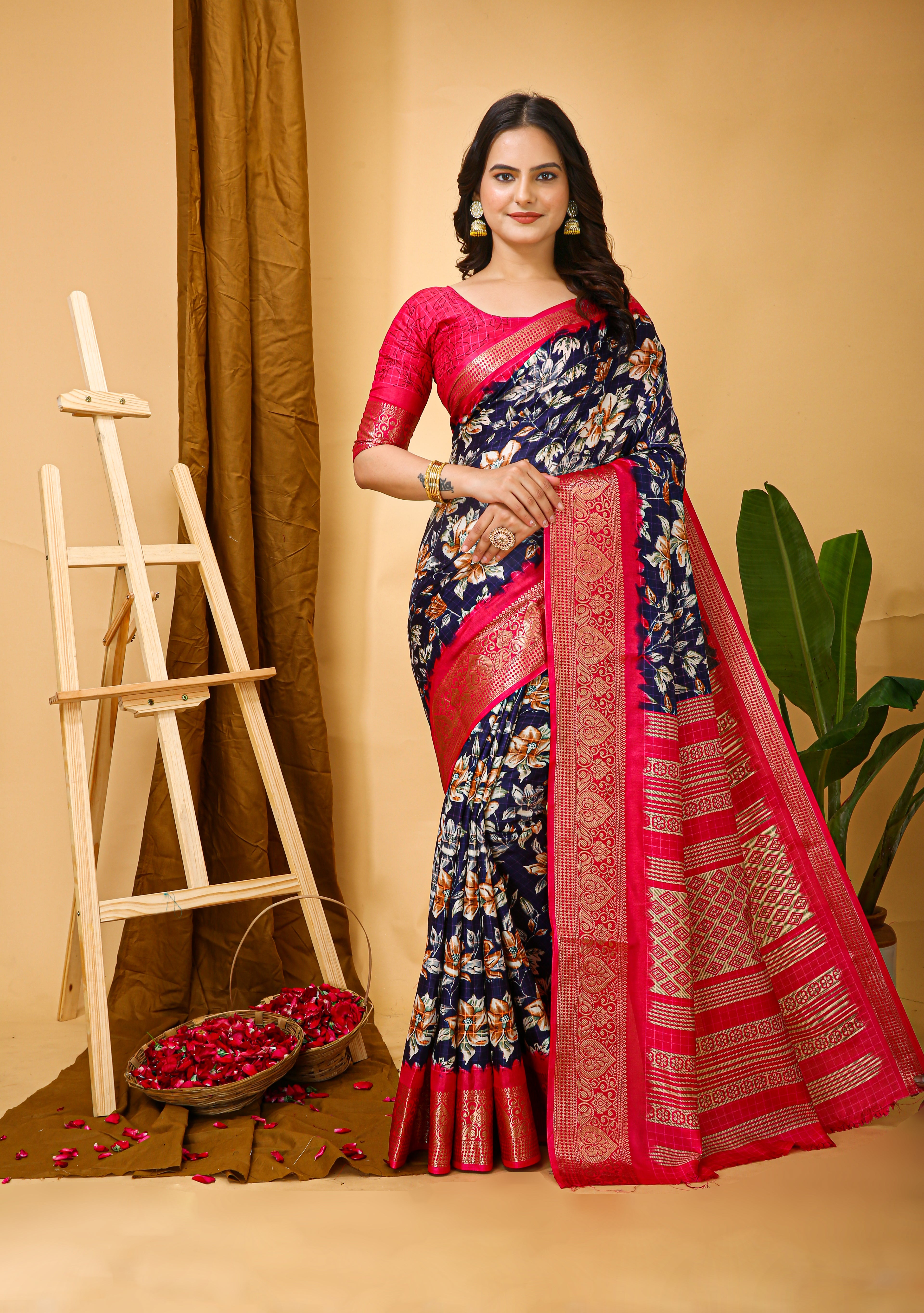 New Enchanting Soft Cotton Pink Bordered Blue Saree With Unstiched Blouse