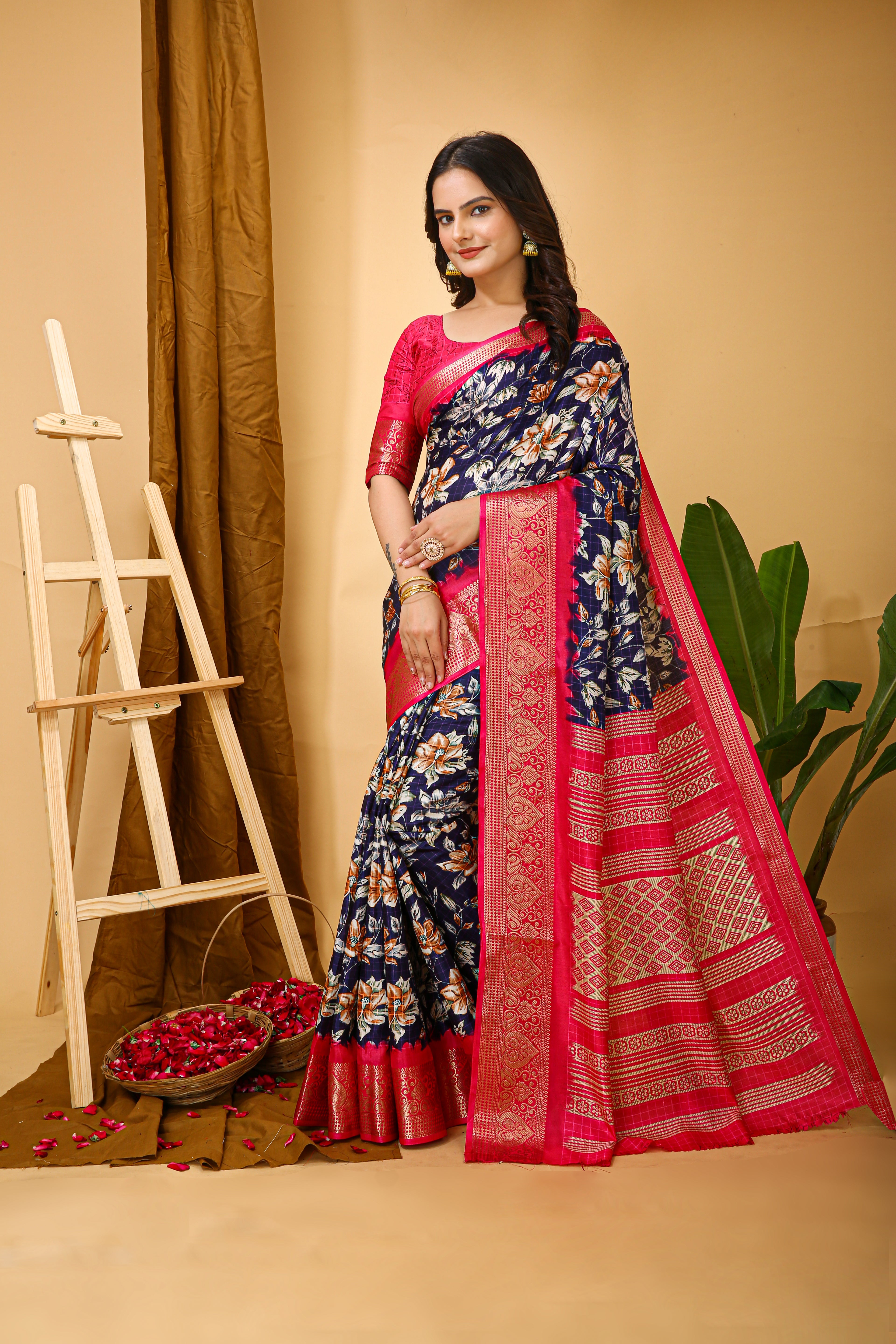 New Enchanting Soft Cotton Pink Bordered Blue Saree With Unstiched Blouse