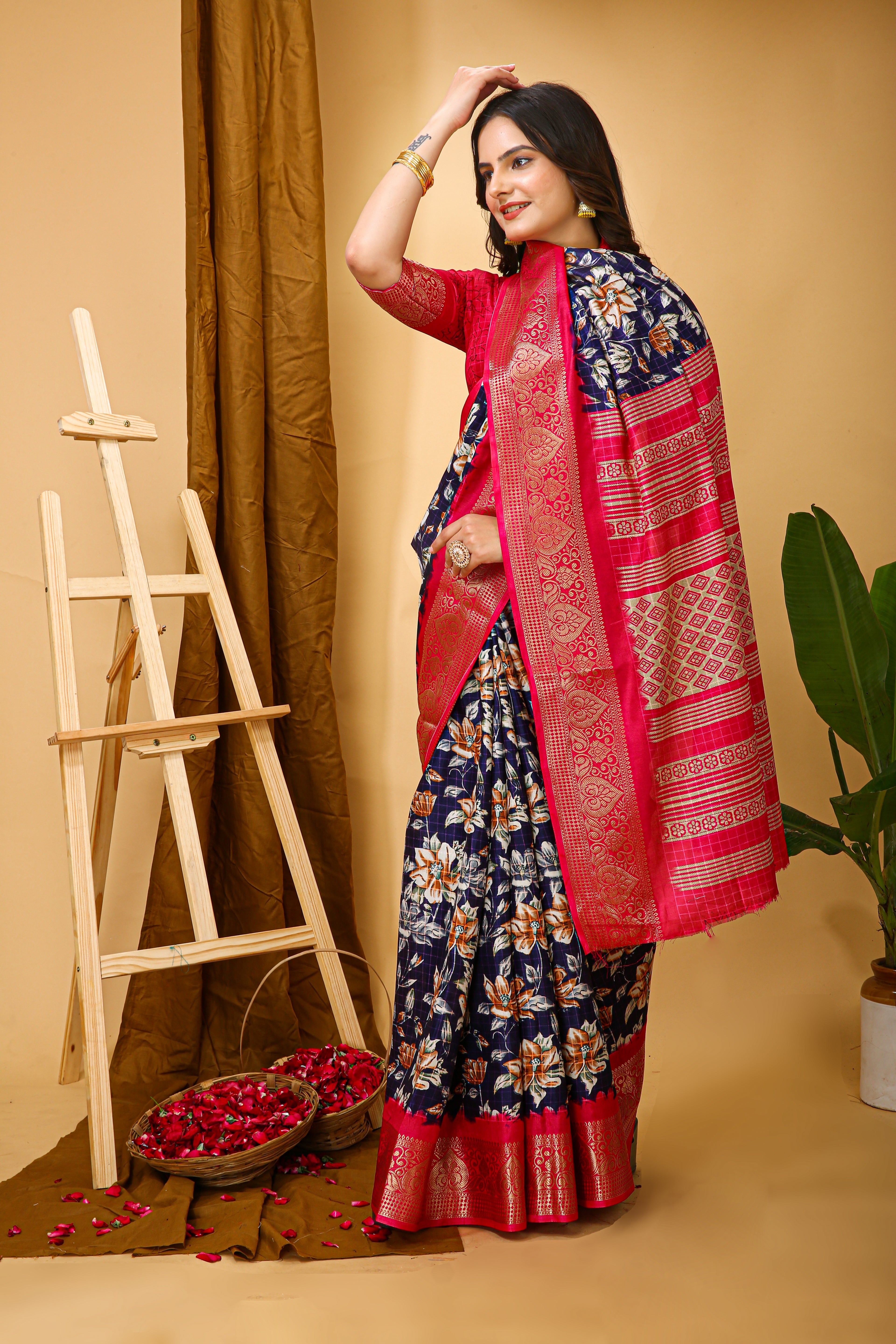 New Enchanting Soft Cotton Pink Bordered Blue Saree With Unstiched Blouse