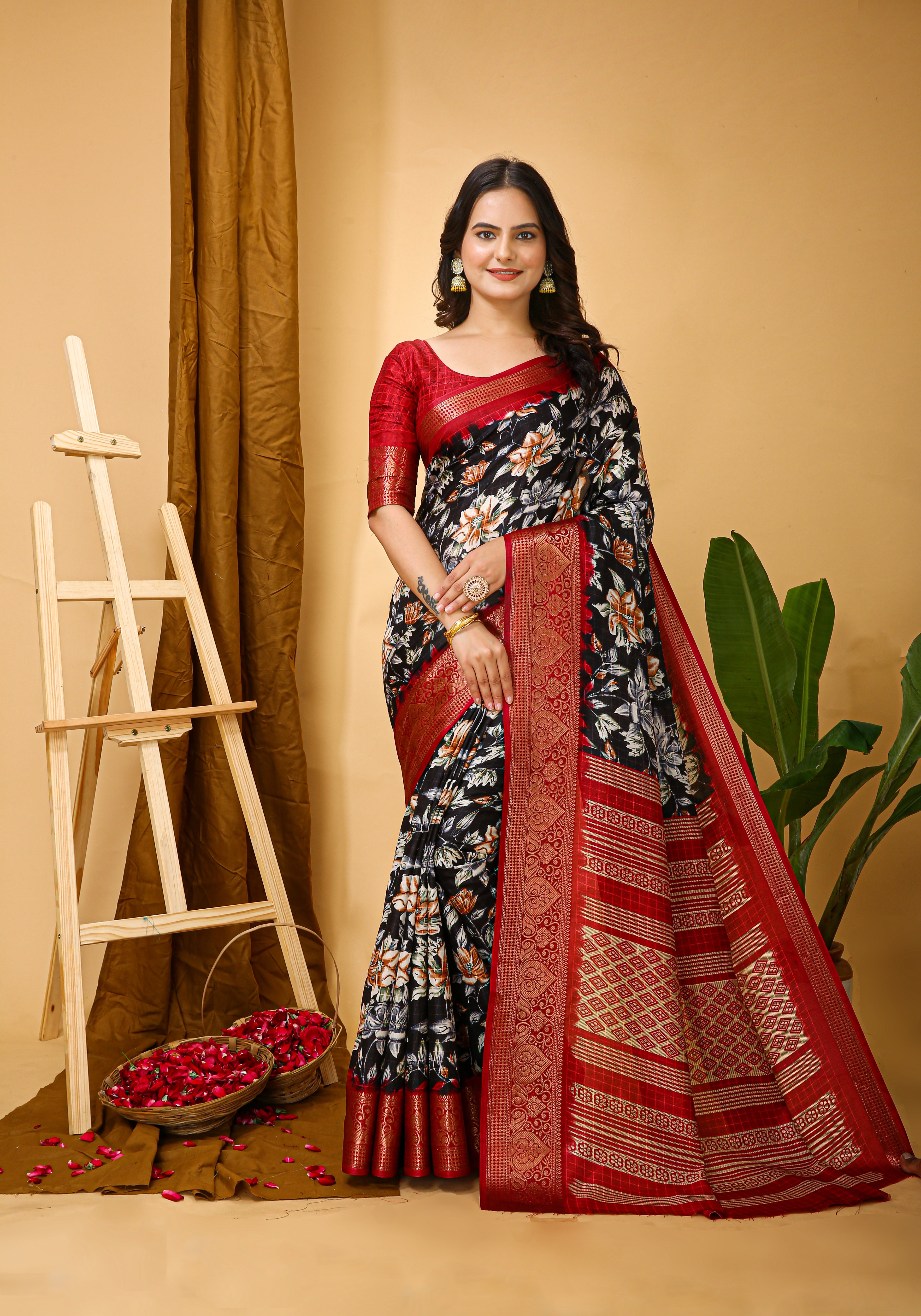 New Enchanting Soft Cotton Red Bordered Black Saree With Unstiched Blouse