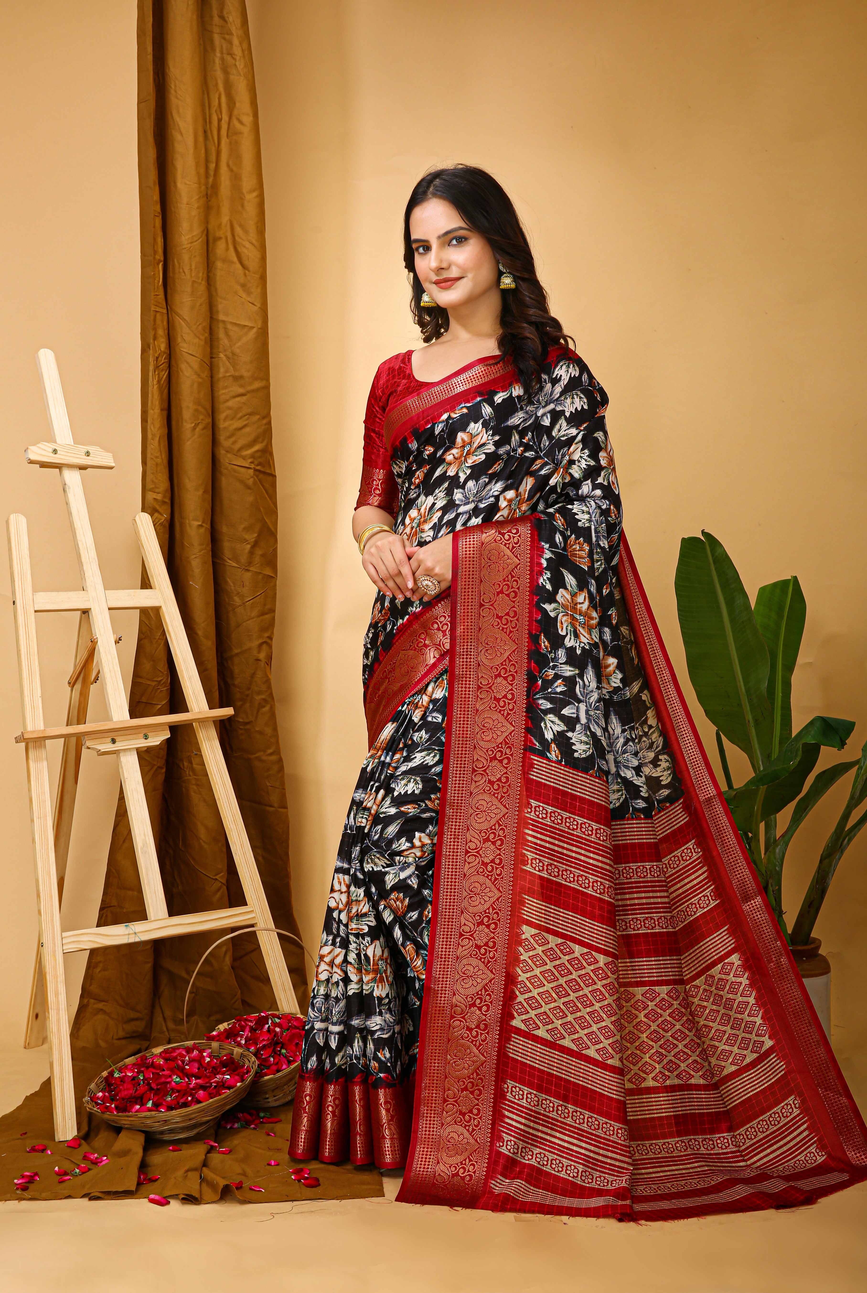 New Enchanting Soft Cotton Red Bordered Black Saree With Unstiched Blouse