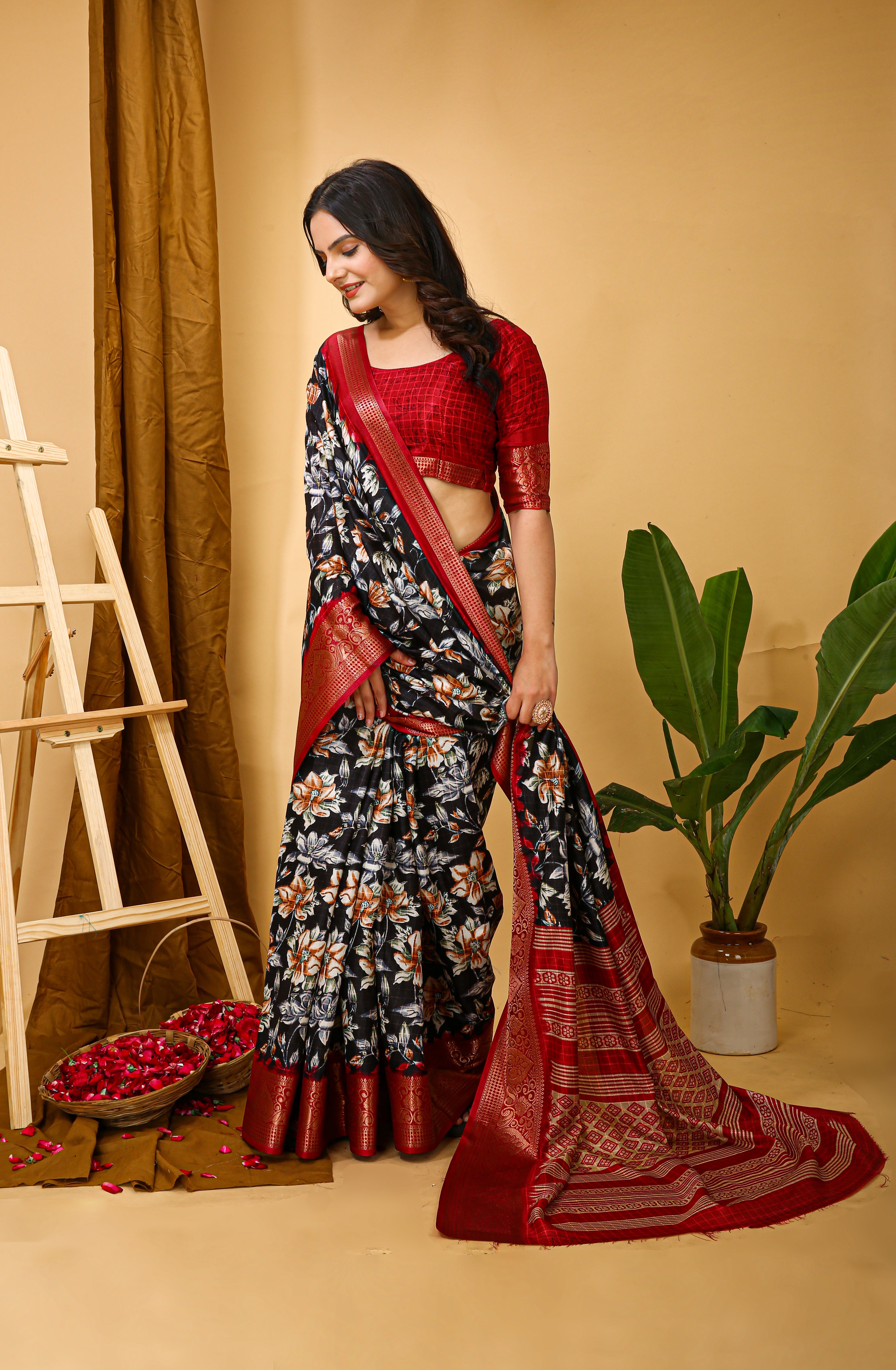 New Enchanting Soft Cotton Red Bordered Black Saree With Unstiched Blouse