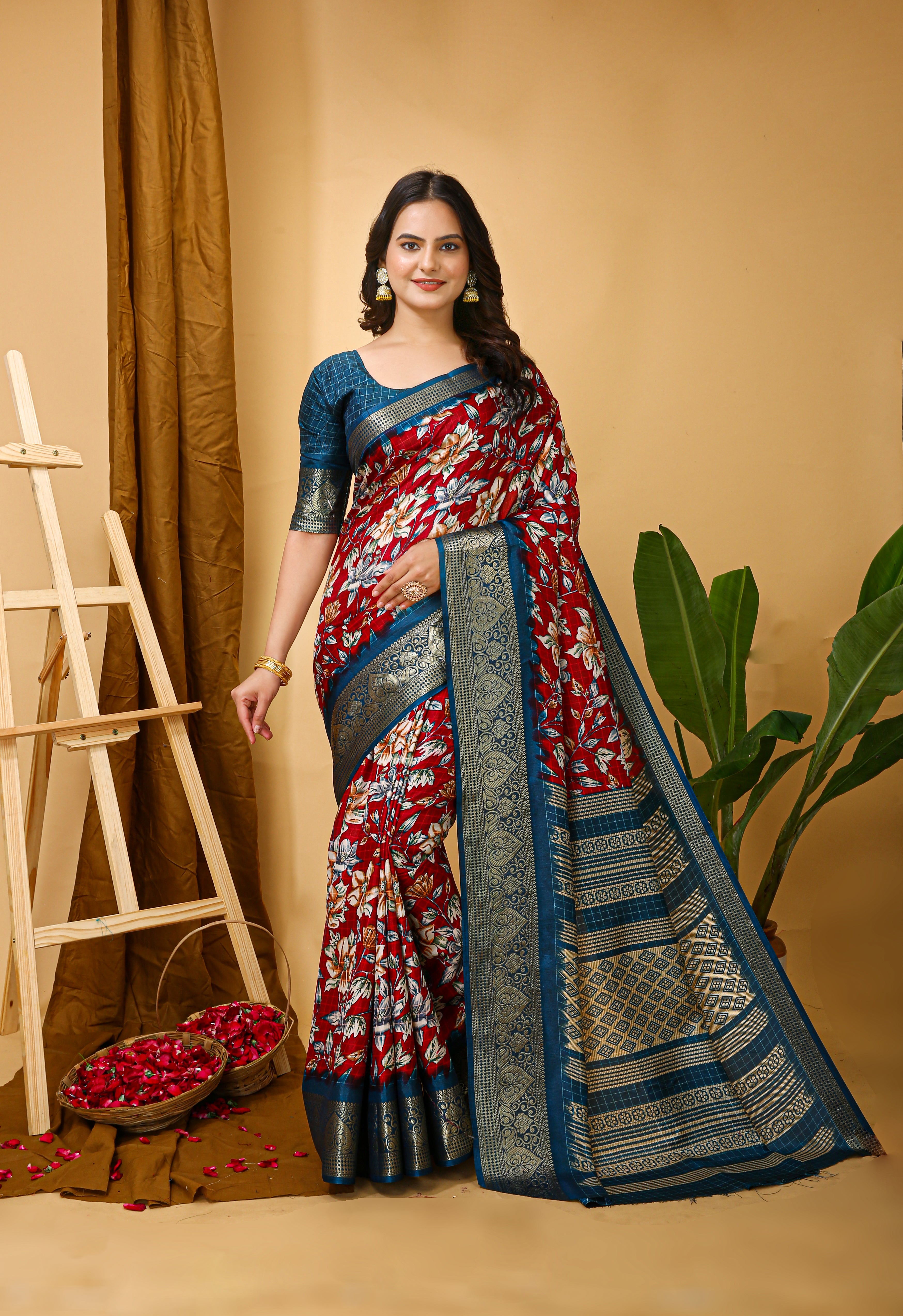 New Enchanting Soft Cotton Blue Bordered Red Saree With Unstiched Blouse