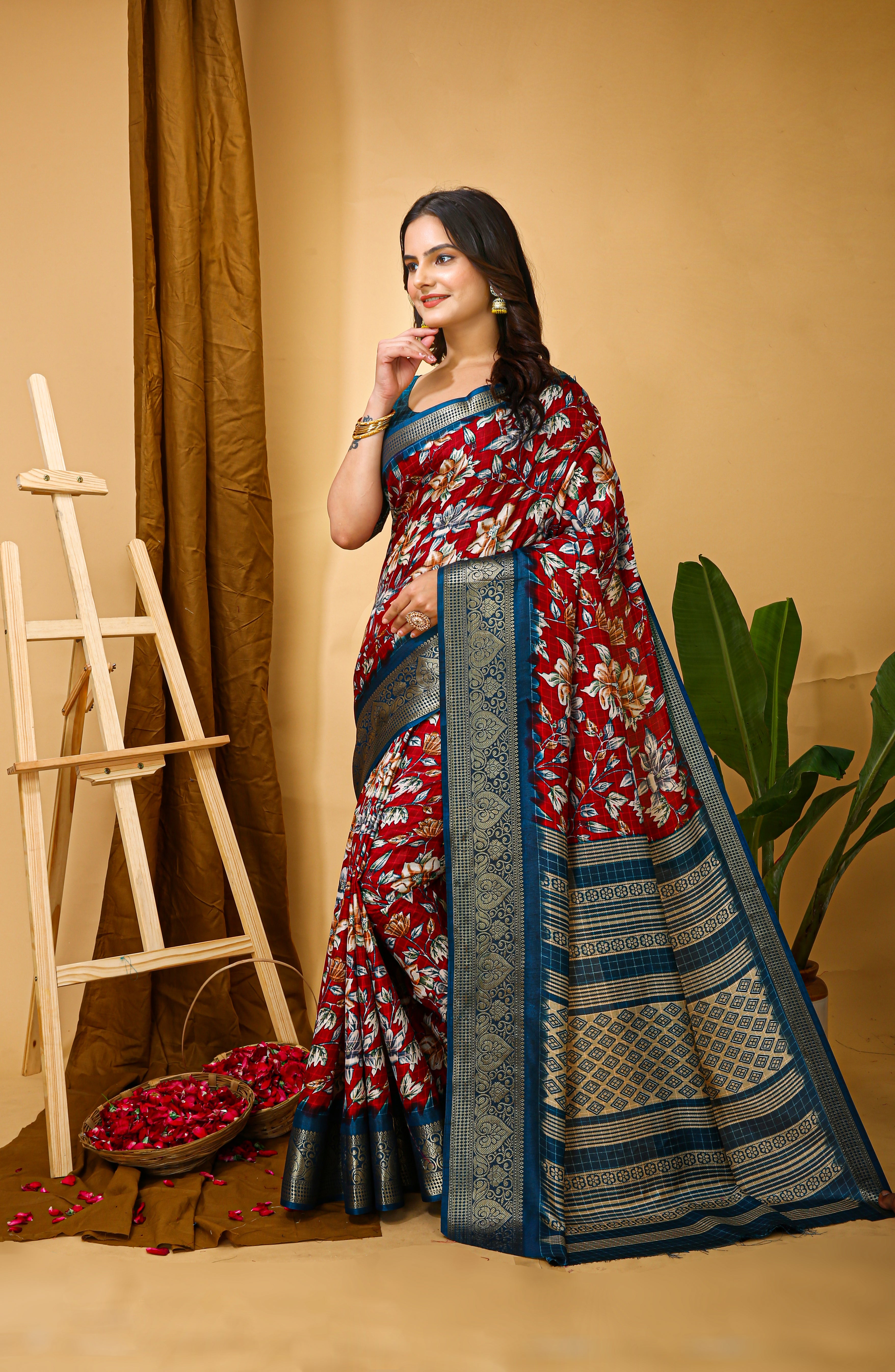 New Enchanting Soft Cotton Blue Bordered Red Saree With Unstiched Blouse