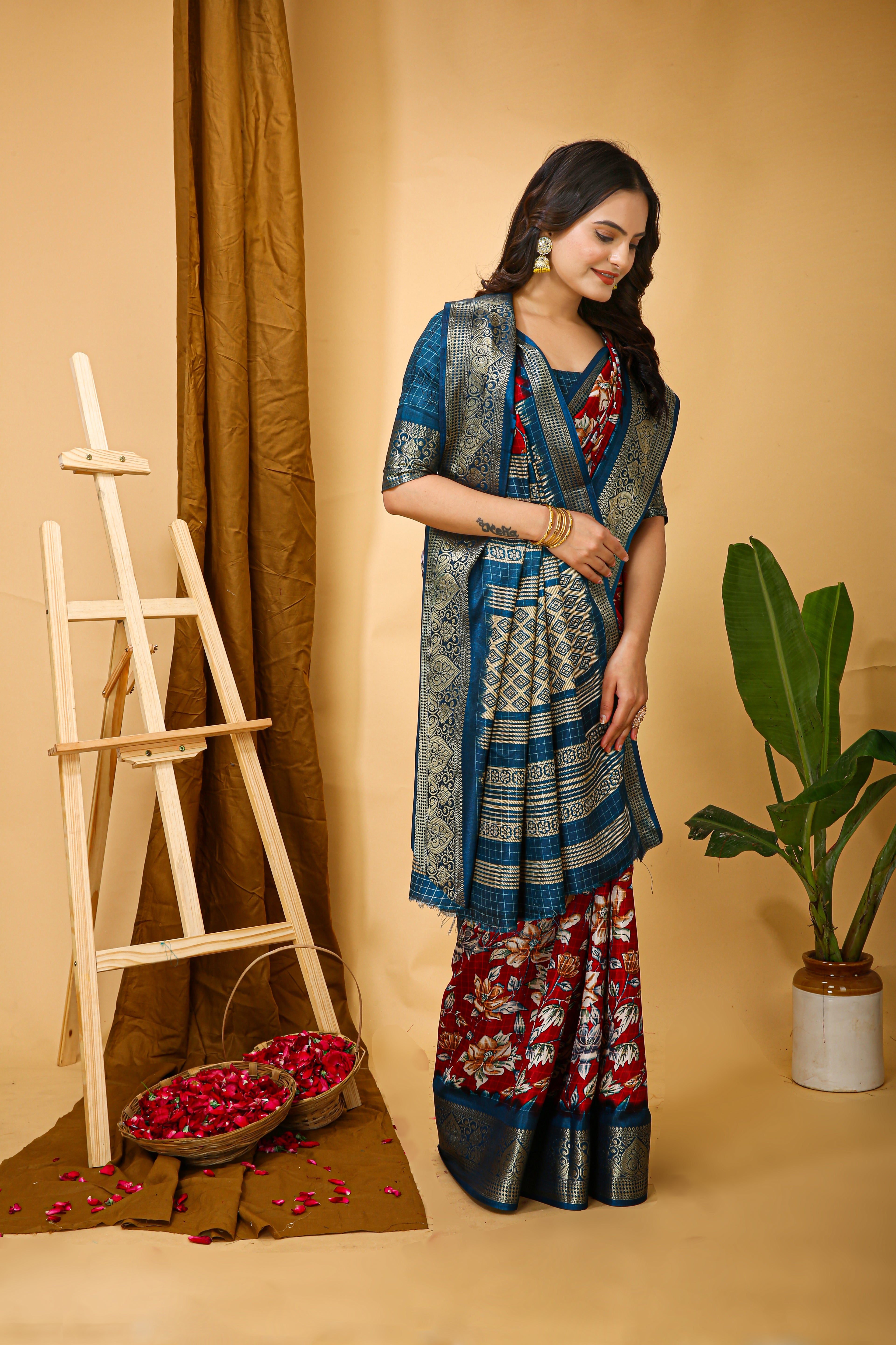 New Enchanting Soft Cotton Blue Bordered Red Saree With Unstiched Blouse