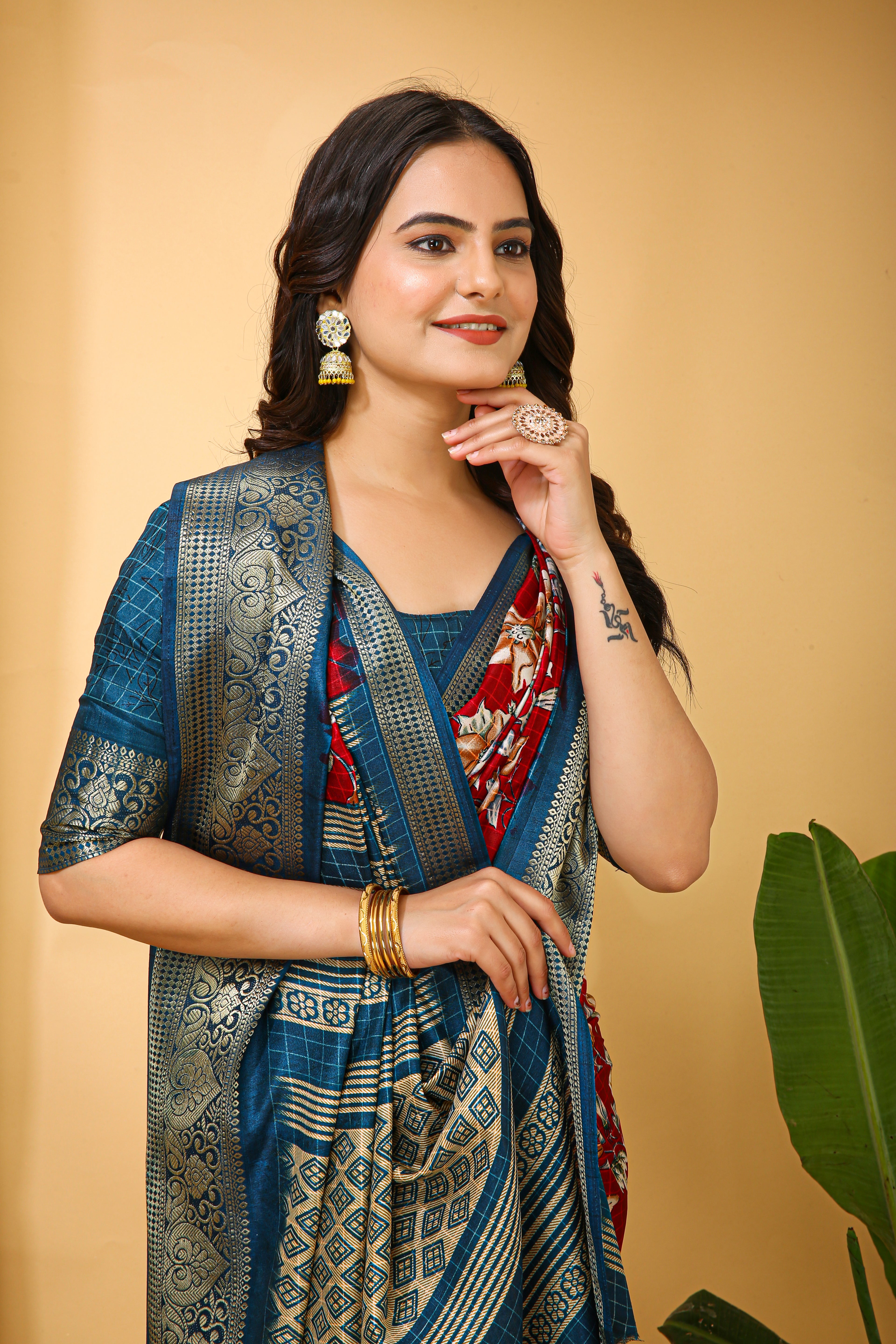 New Enchanting Soft Cotton Blue Bordered Red Saree With Unstiched Blouse