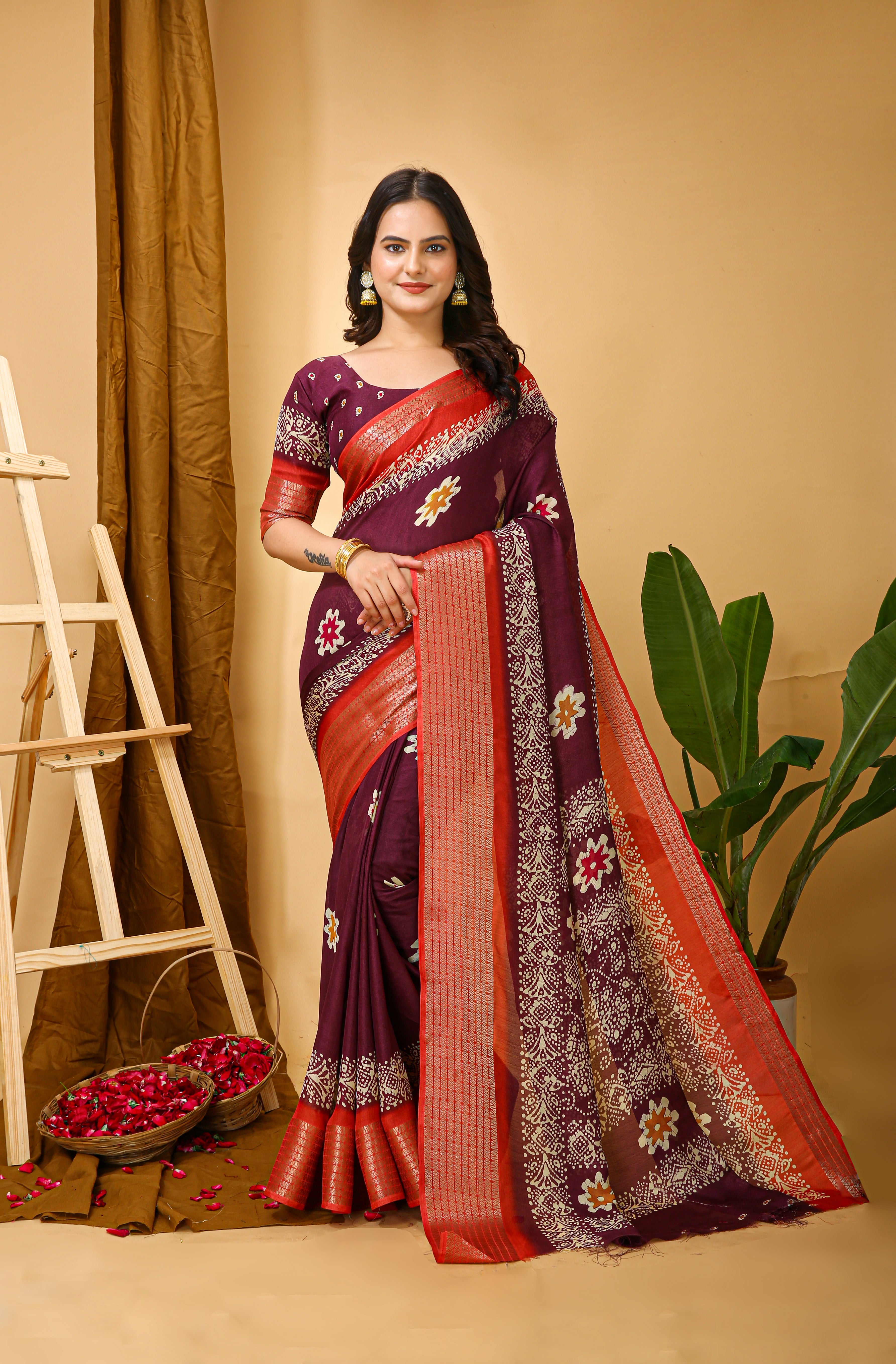 New Enchanting Fancy Soft Marshmallow Red Bodered Wine Saree With Unstiched Blouse