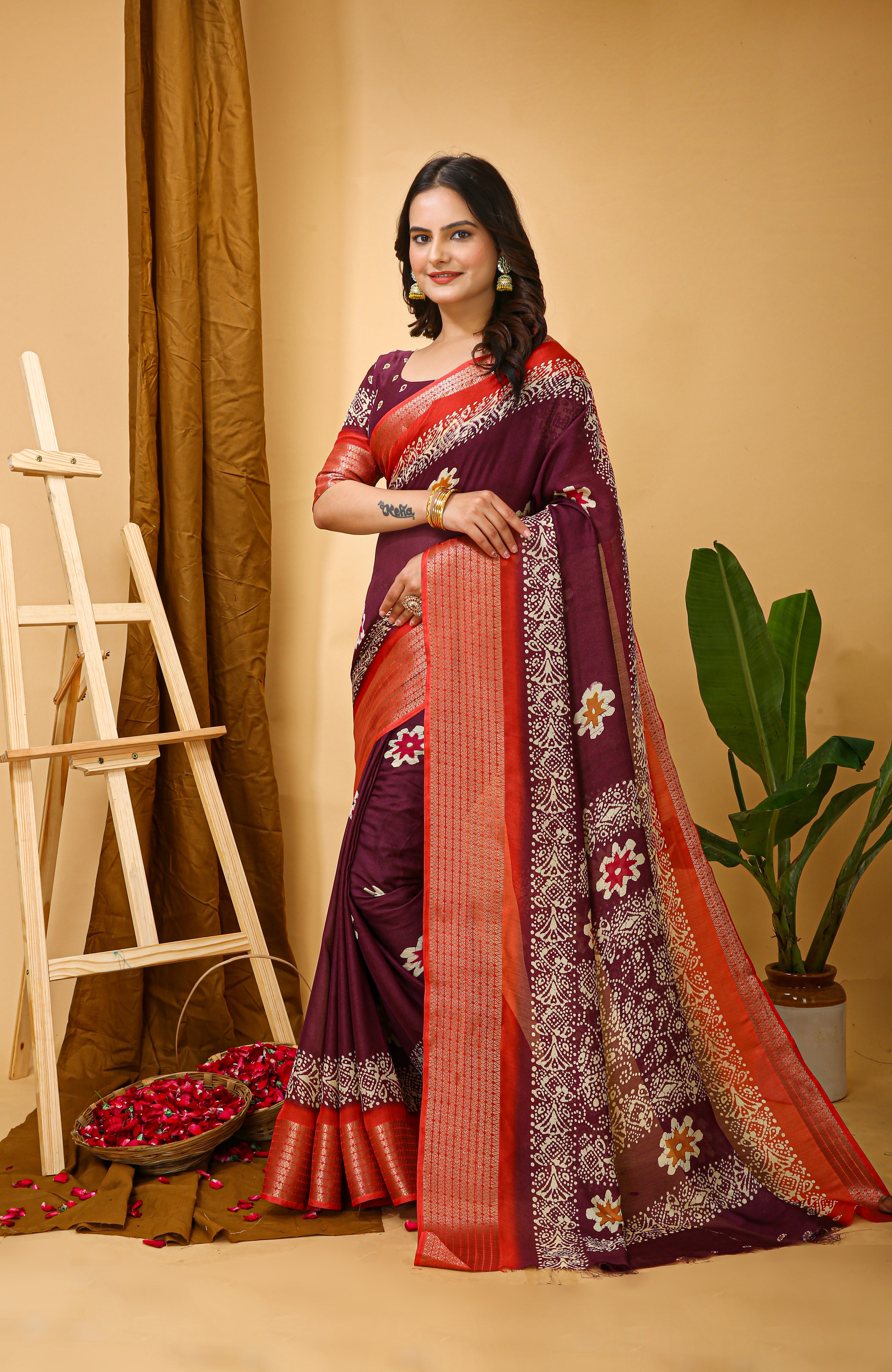 New Enchanting Fancy Soft Marshmallow Red Bodered Wine Saree With Unstiched Blouse