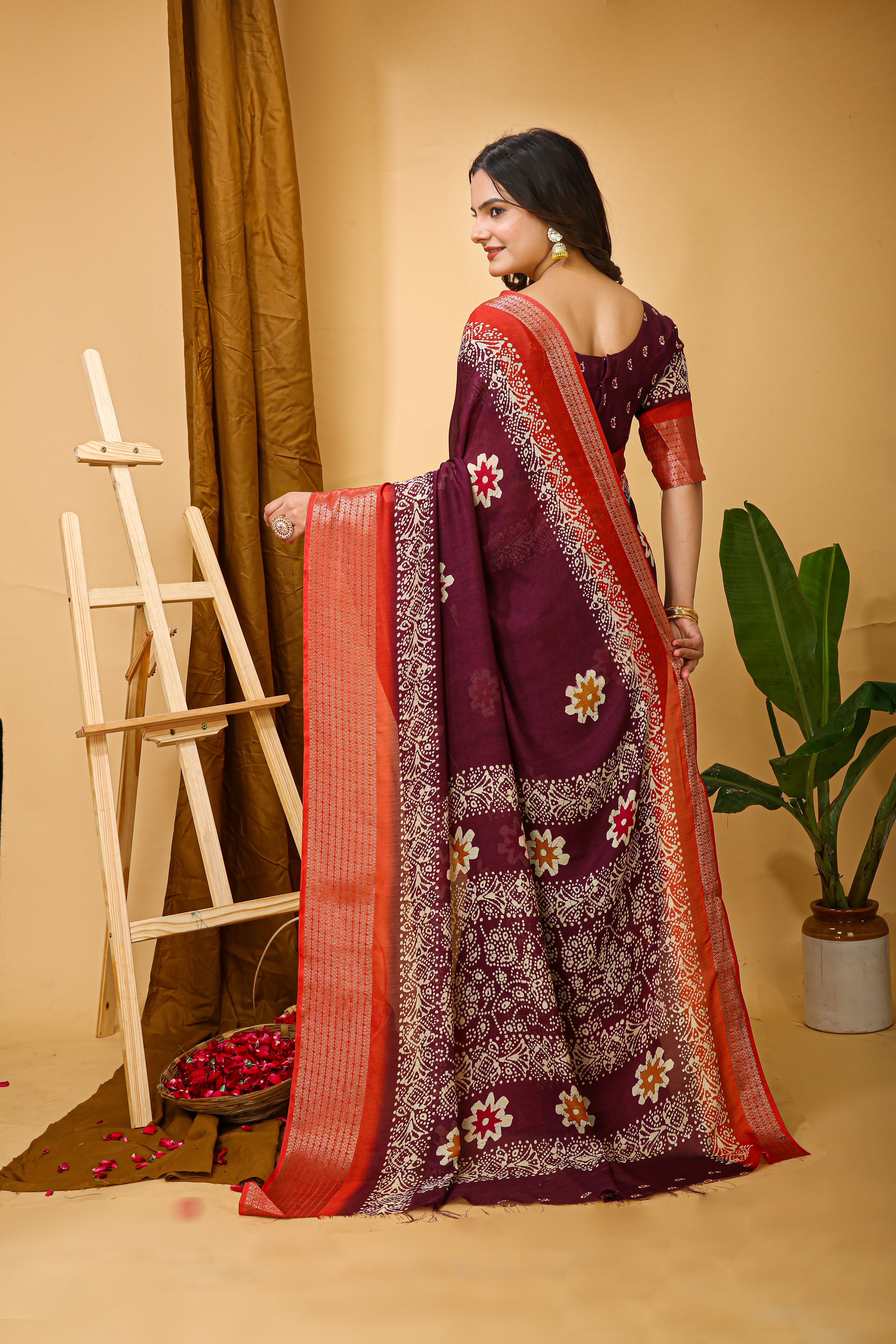 New Enchanting Fancy Soft Marshmallow Red Bodered Wine Saree With Unstiched Blouse