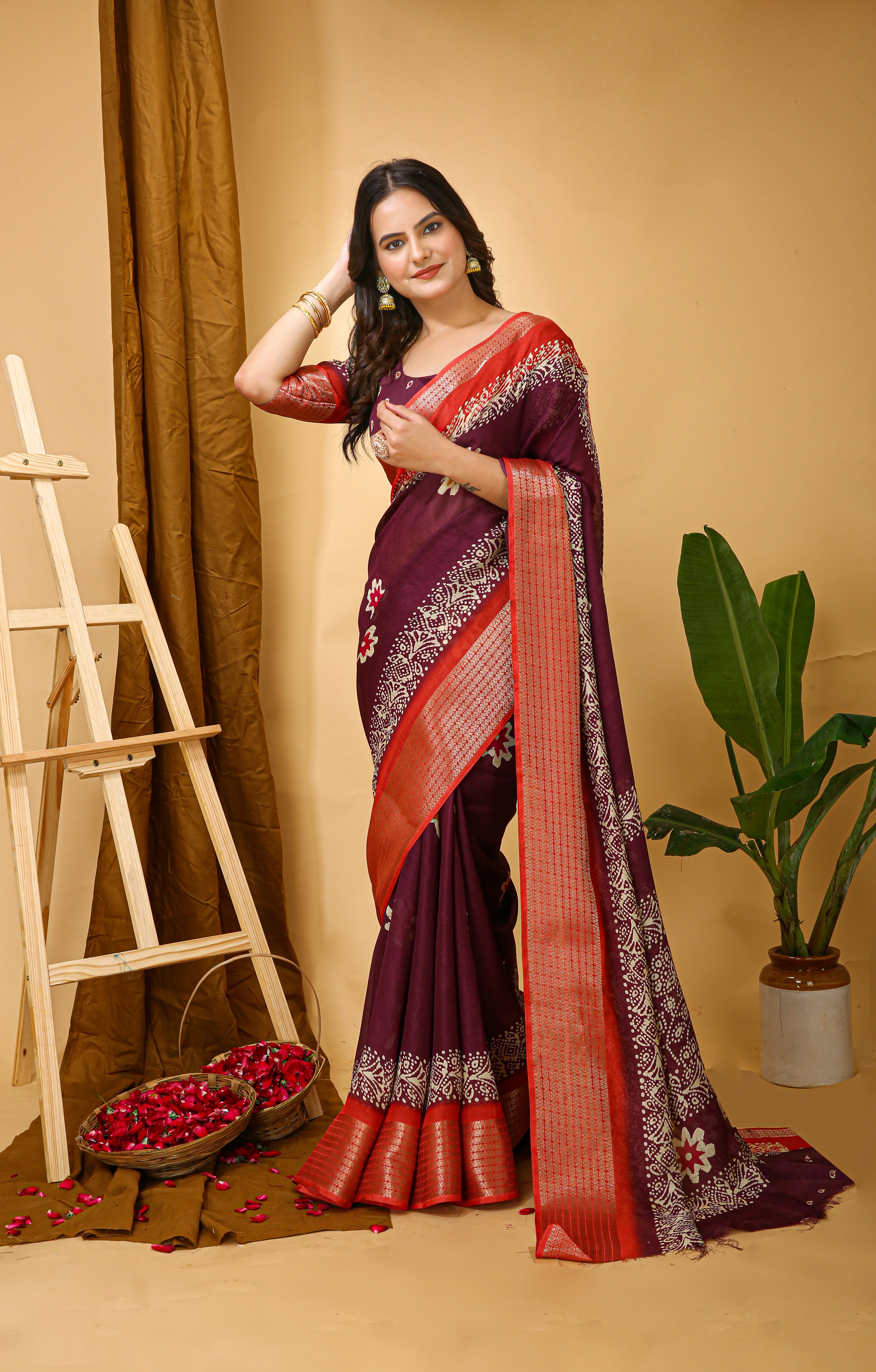 New Enchanting Fancy Soft Marshmallow Red Bodered Wine Saree With Unstiched Blouse