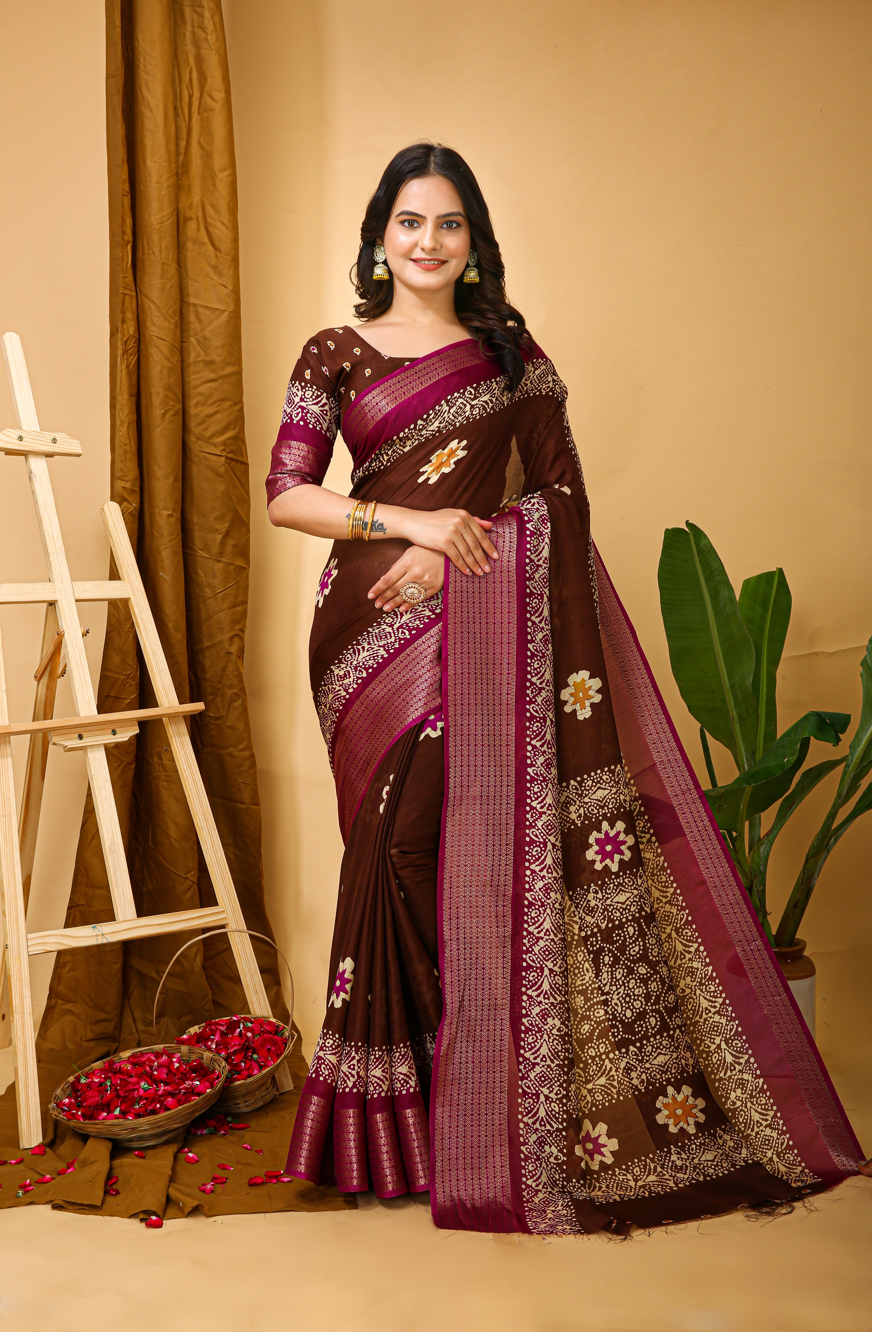 New Enchanting Fancy Soft Marshmallow Pink Bodered Brown Saree With Unstiched Blouse