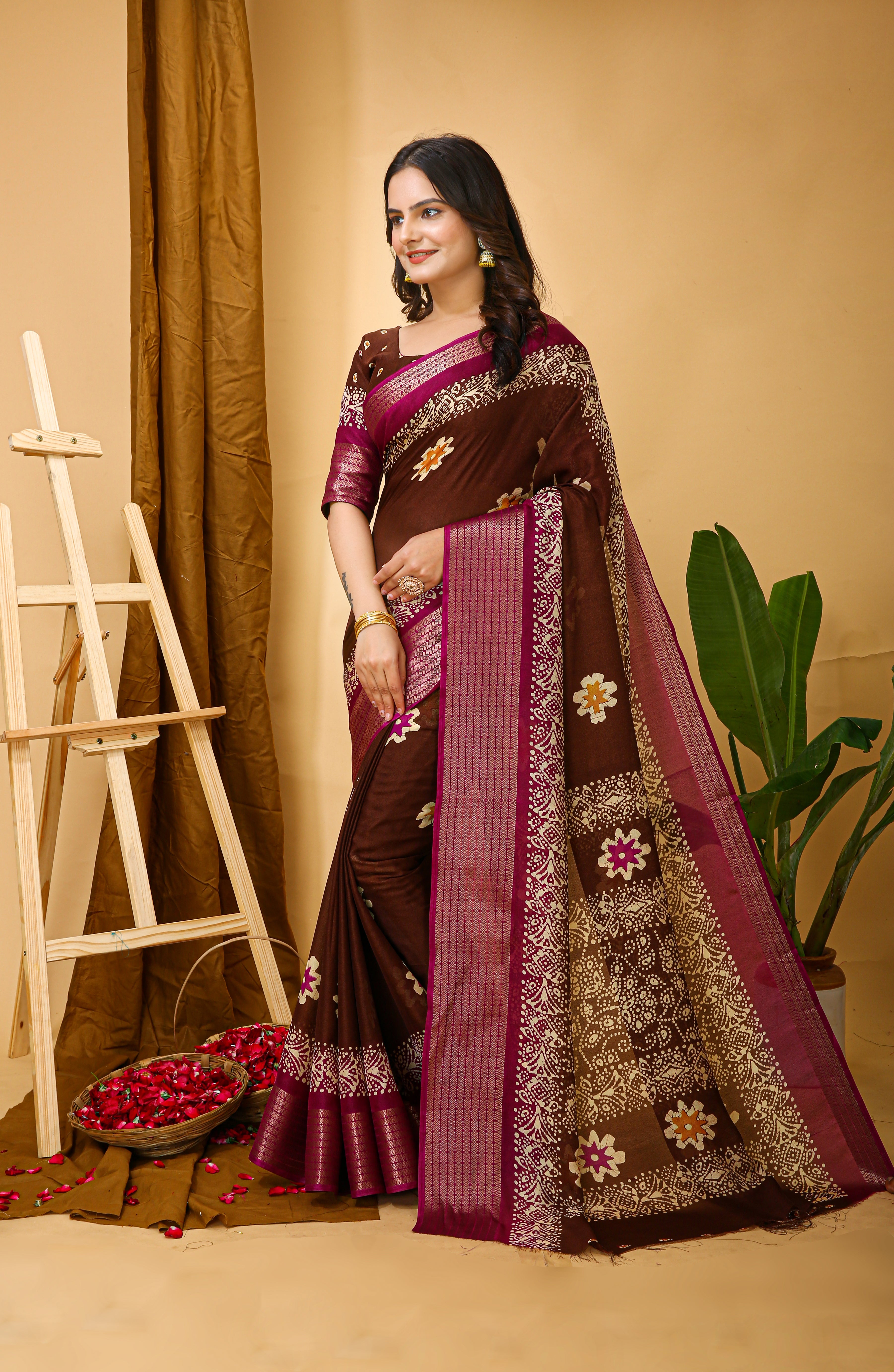 New Enchanting Fancy Soft Marshmallow Pink Bodered Brown Saree With Unstiched Blouse