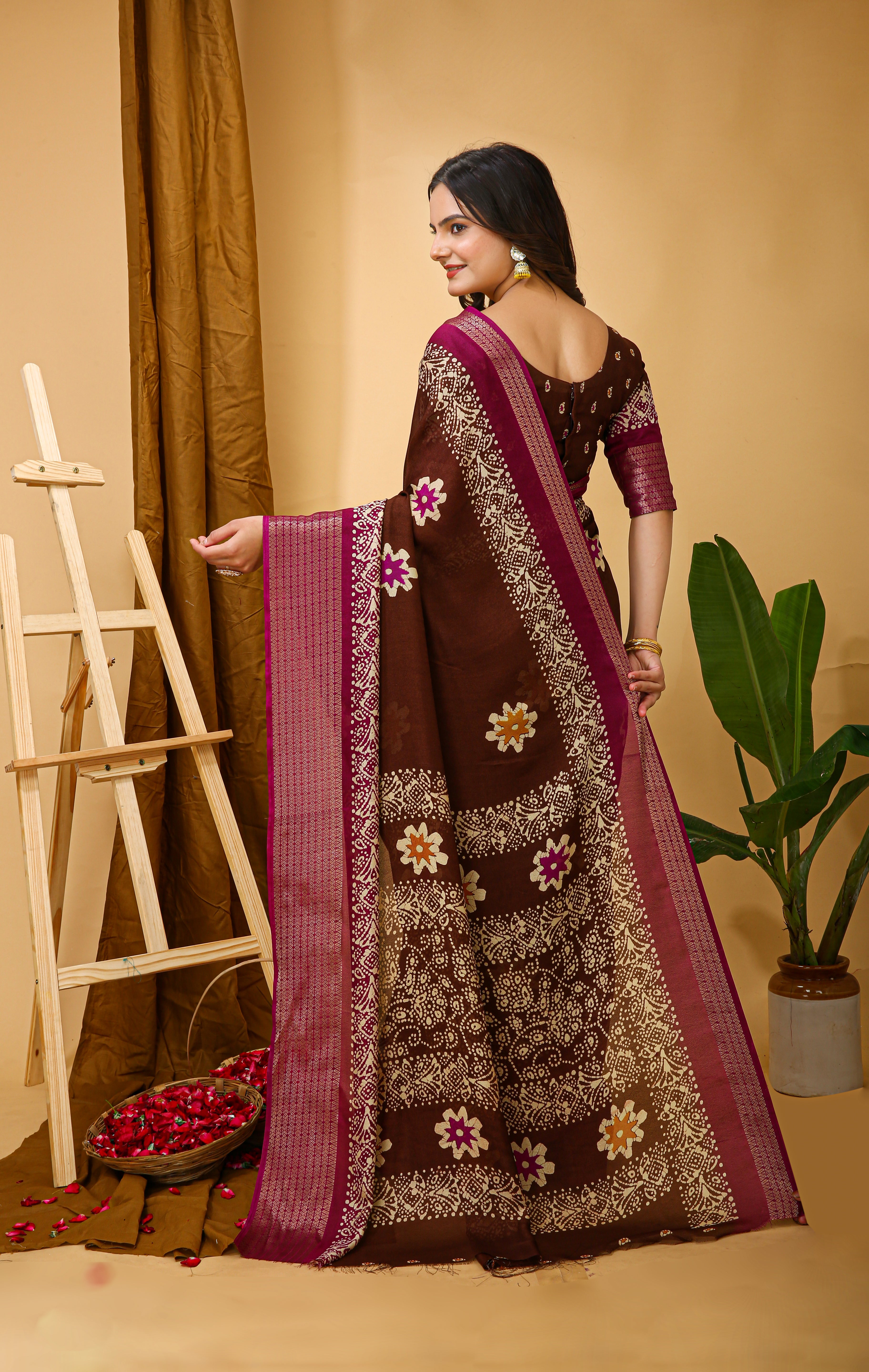 New Enchanting Fancy Soft Marshmallow Pink Bodered Brown Saree With Unstiched Blouse