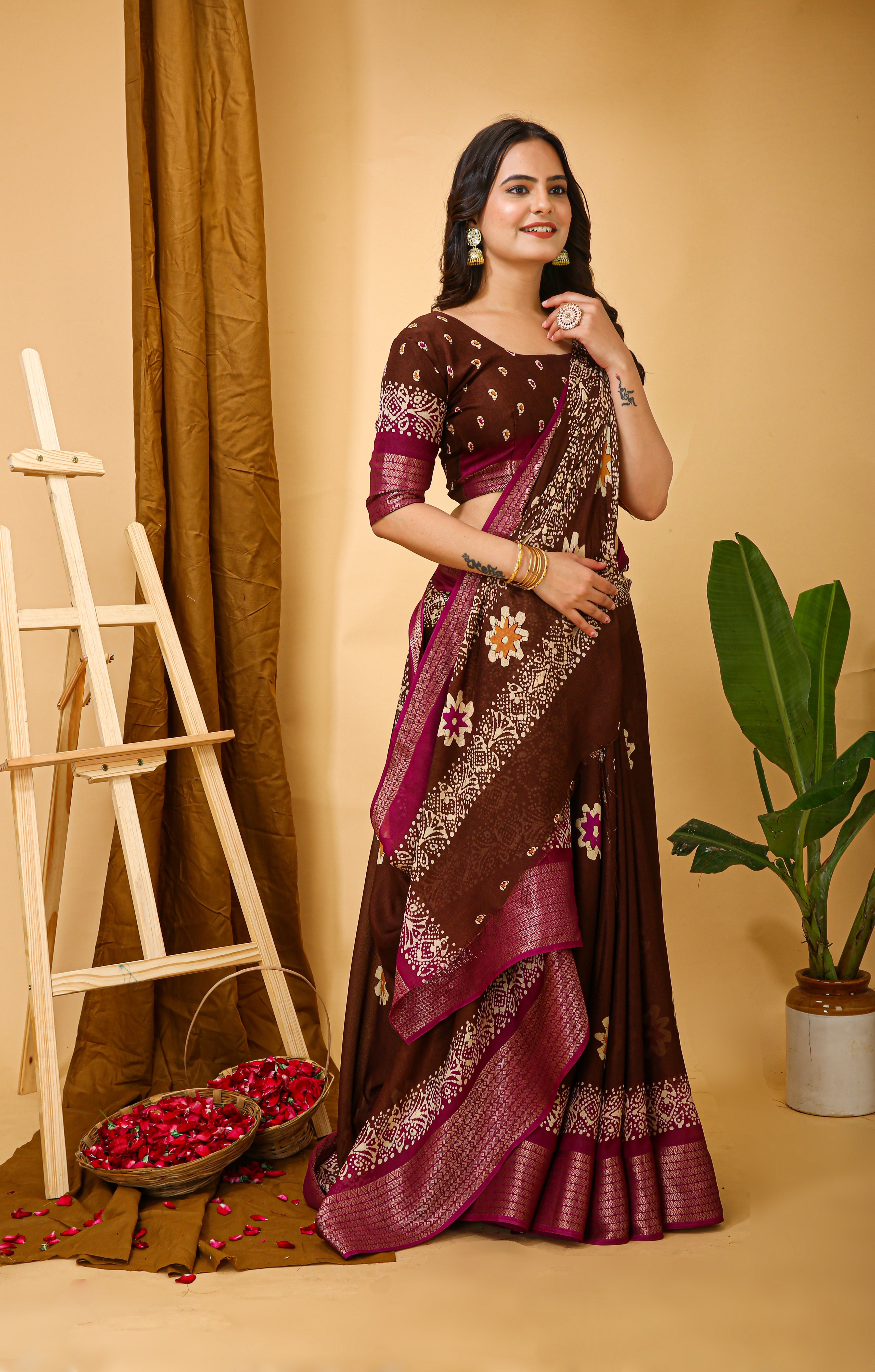 New Enchanting Fancy Soft Marshmallow Pink Bodered Brown Saree With Unstiched Blouse