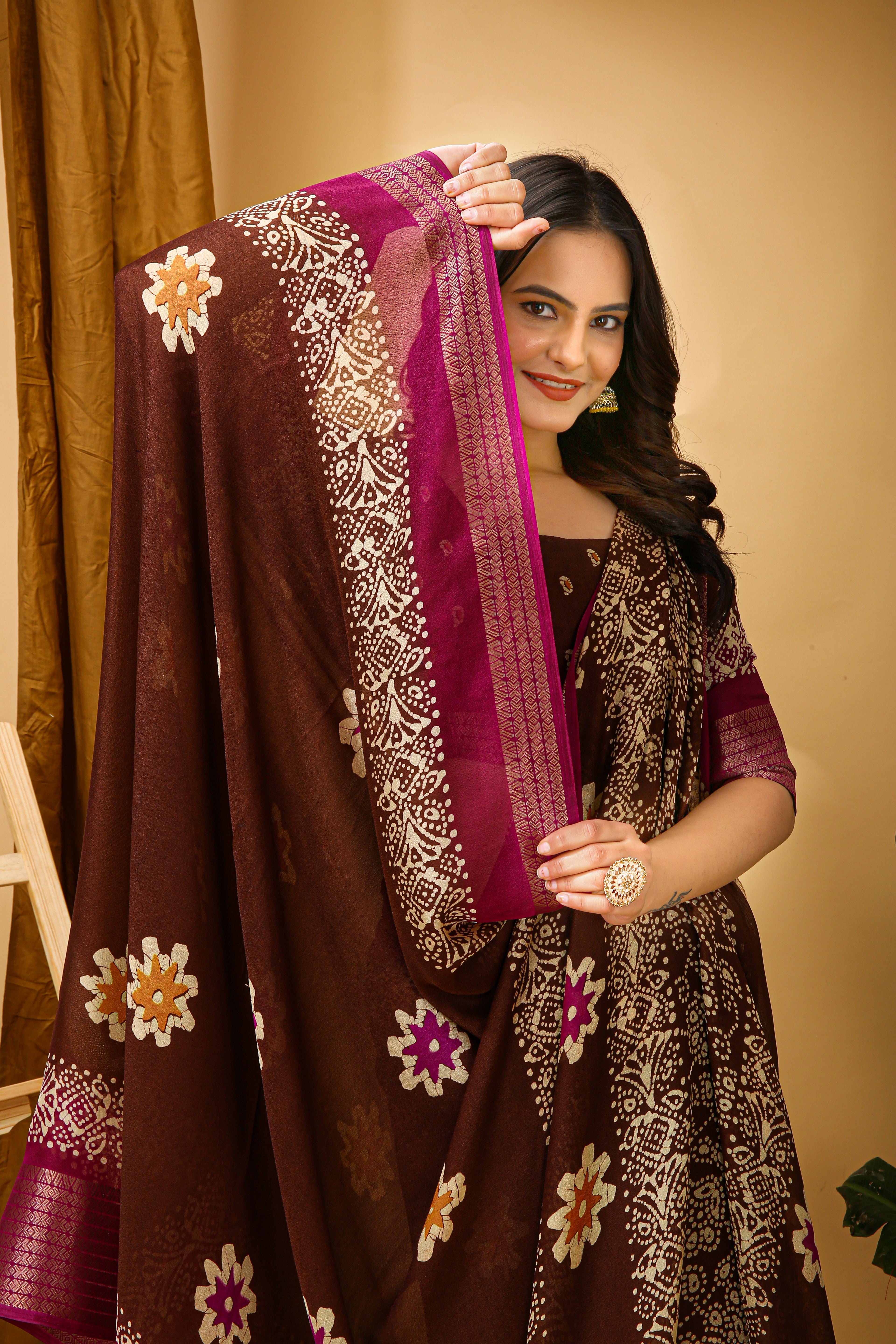 New Enchanting Fancy Soft Marshmallow Pink Bodered Brown Saree With Unstiched Blouse