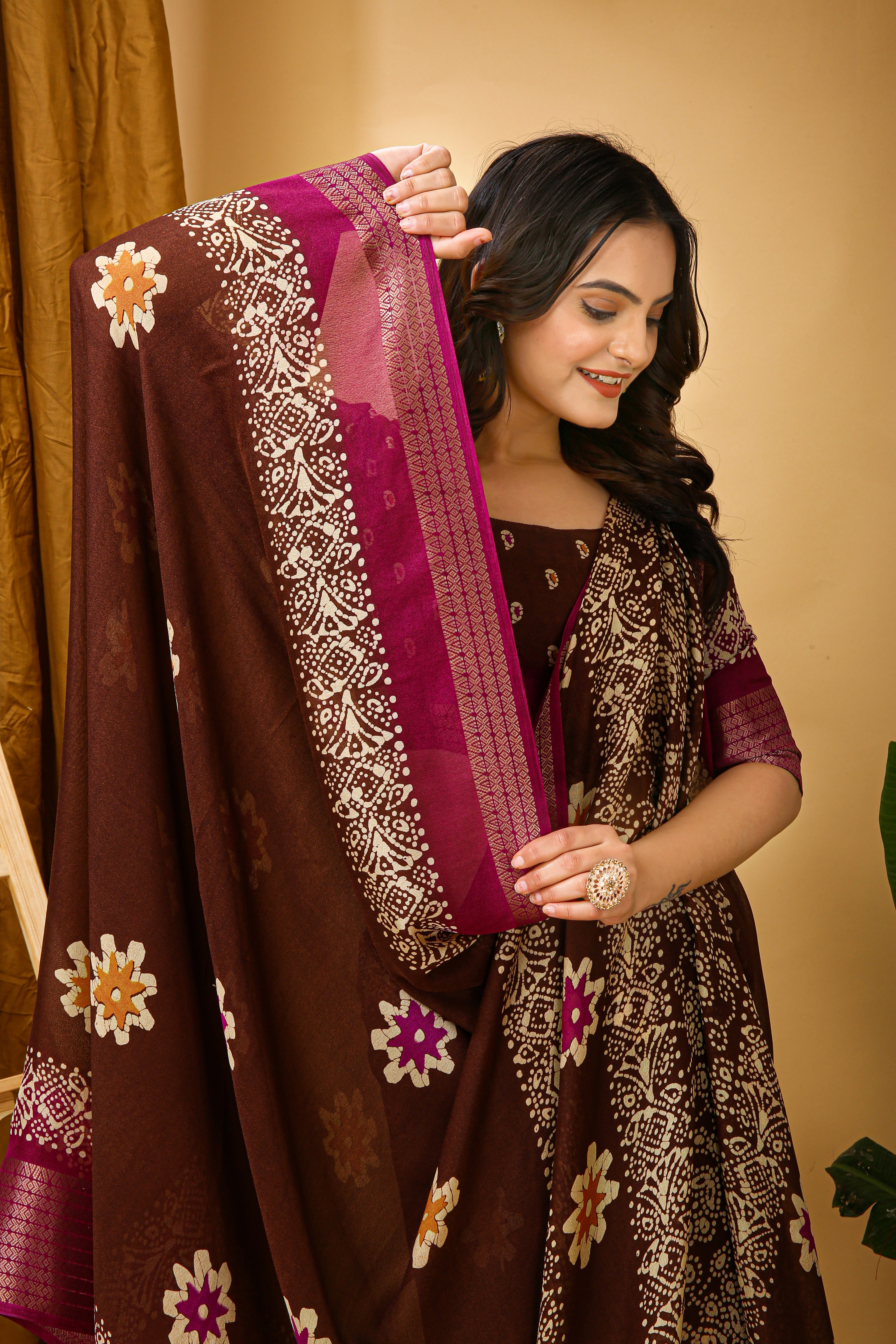 New Enchanting Fancy Soft Marshmallow Pink Bodered Brown Saree With Unstiched Blouse