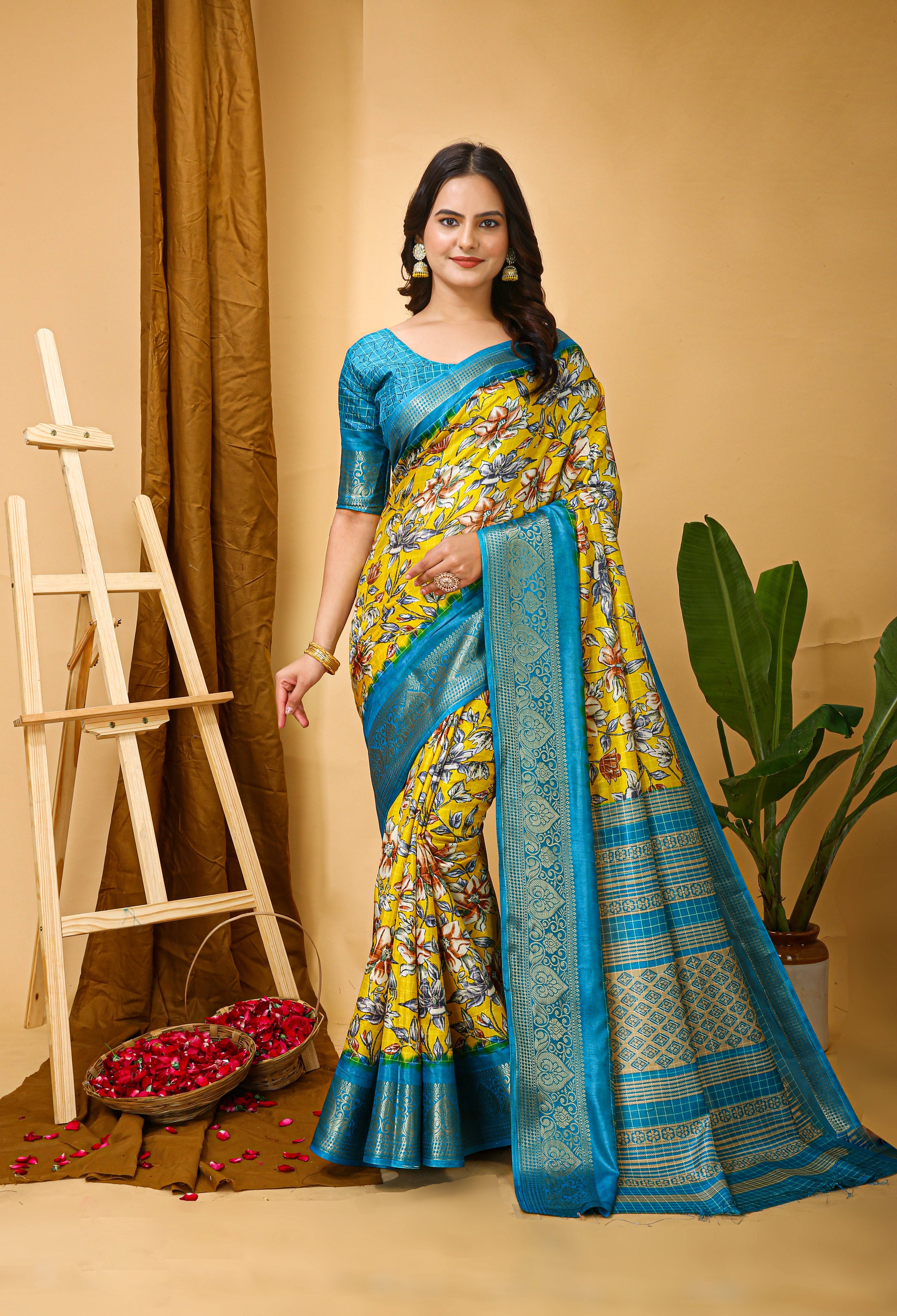 New Enchanting Soft Cotton Sky Blue Bordered Yellow Saree With Unstiched Blouse