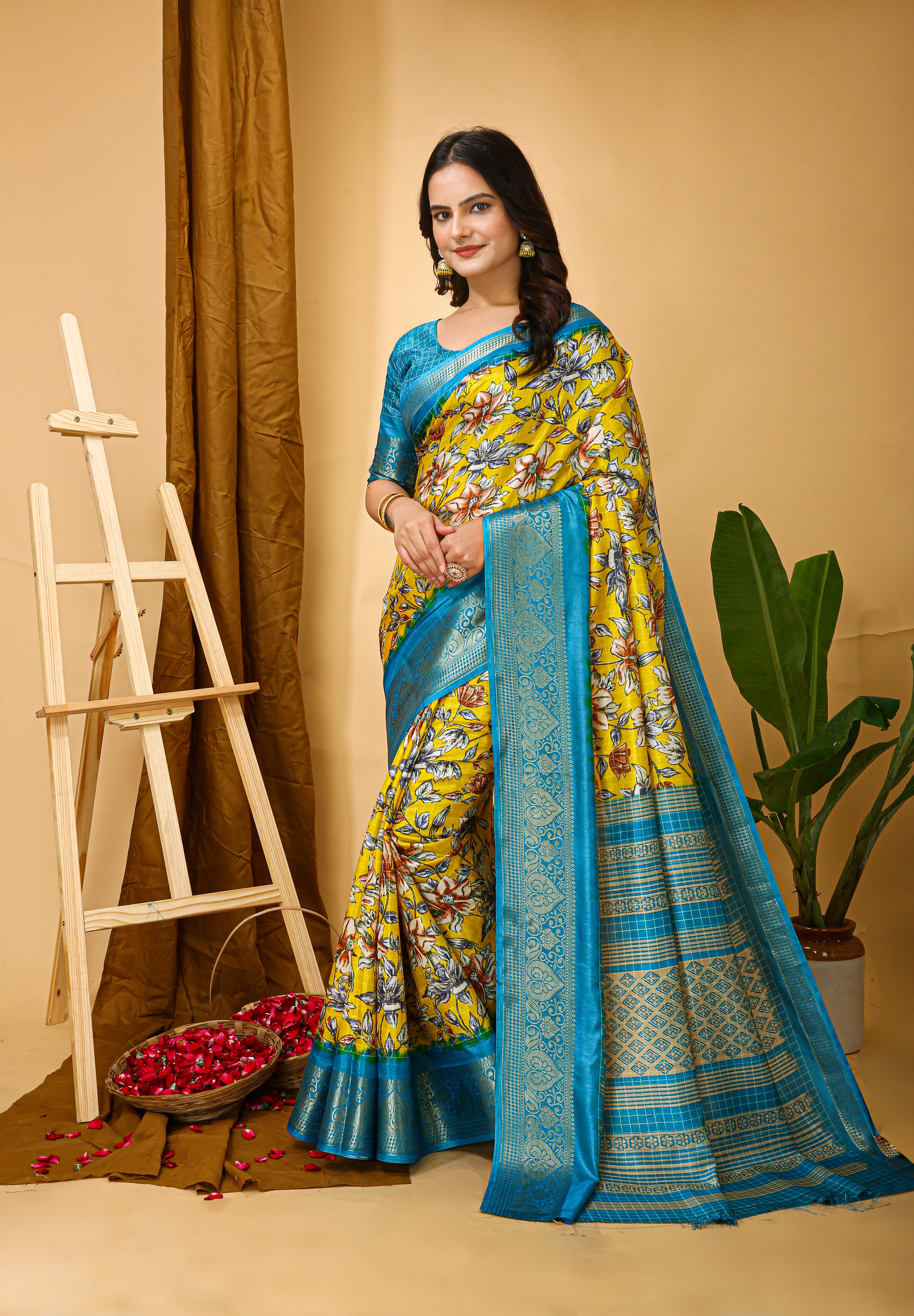 New Enchanting Soft Cotton Sky Blue Bordered Yellow Saree With Unstiched Blouse