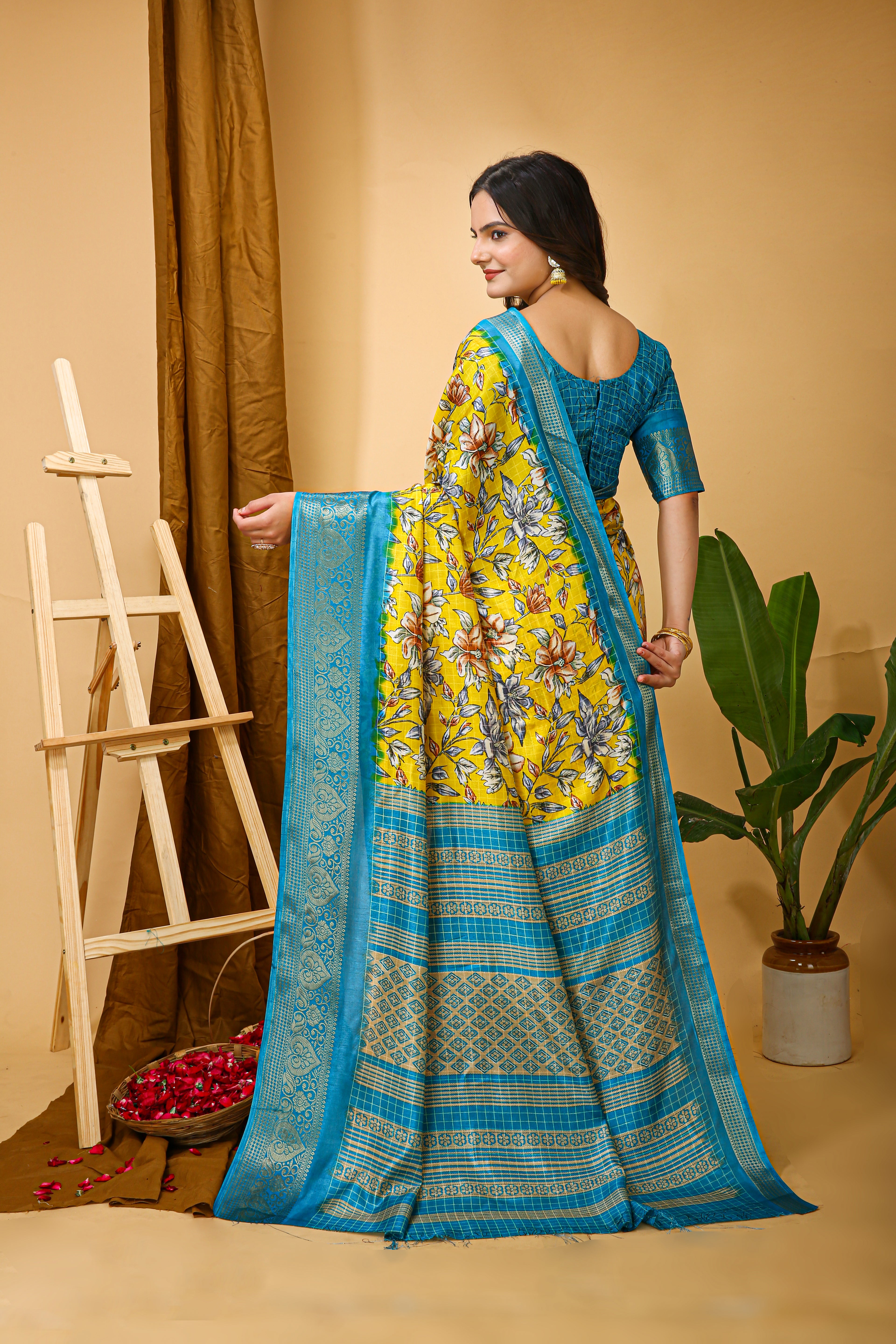 New Enchanting Soft Cotton Sky Blue Bordered Yellow Saree With Unstiched Blouse