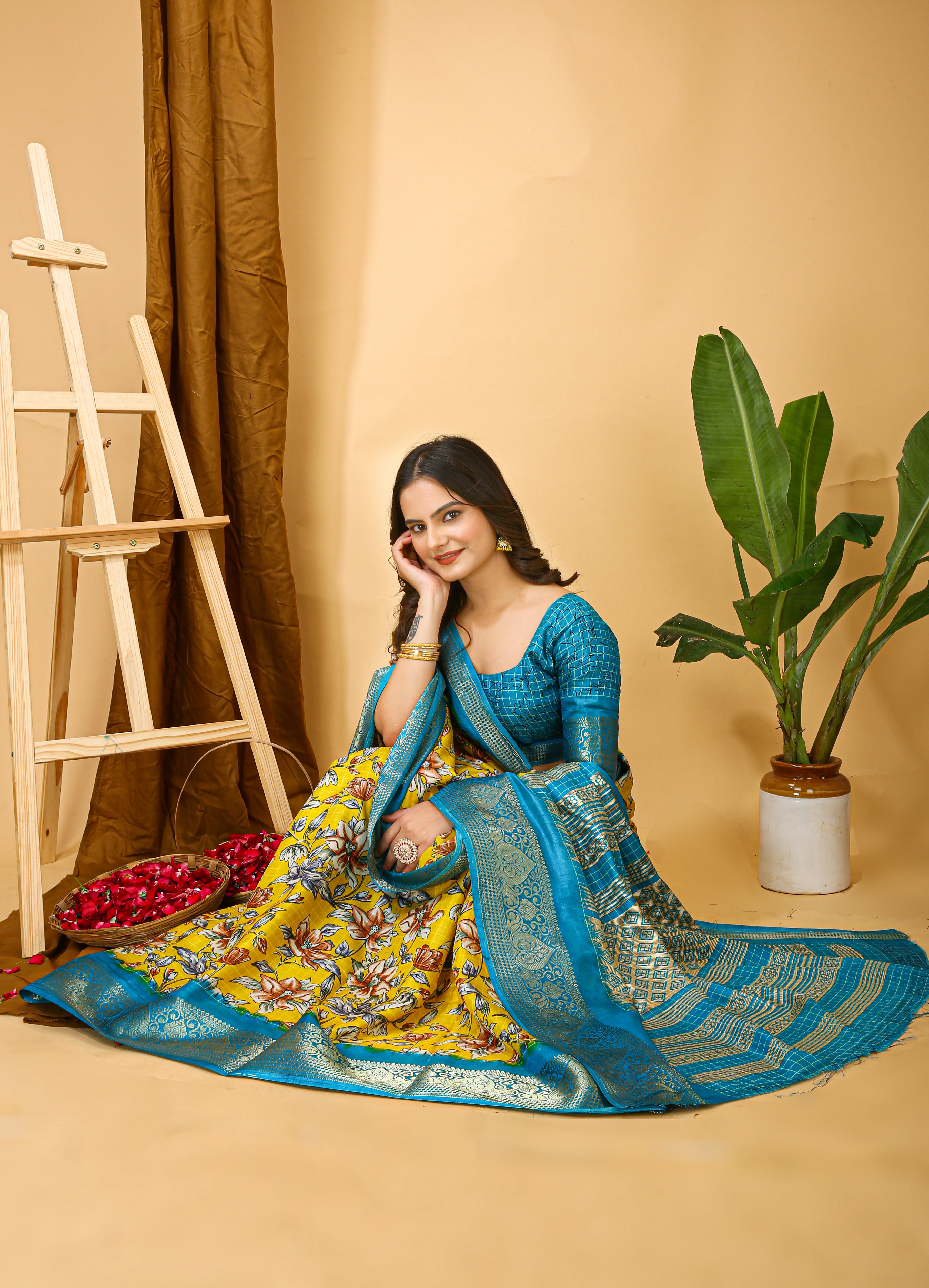 New Enchanting Soft Cotton Sky Blue Bordered Yellow Saree With Unstiched Blouse