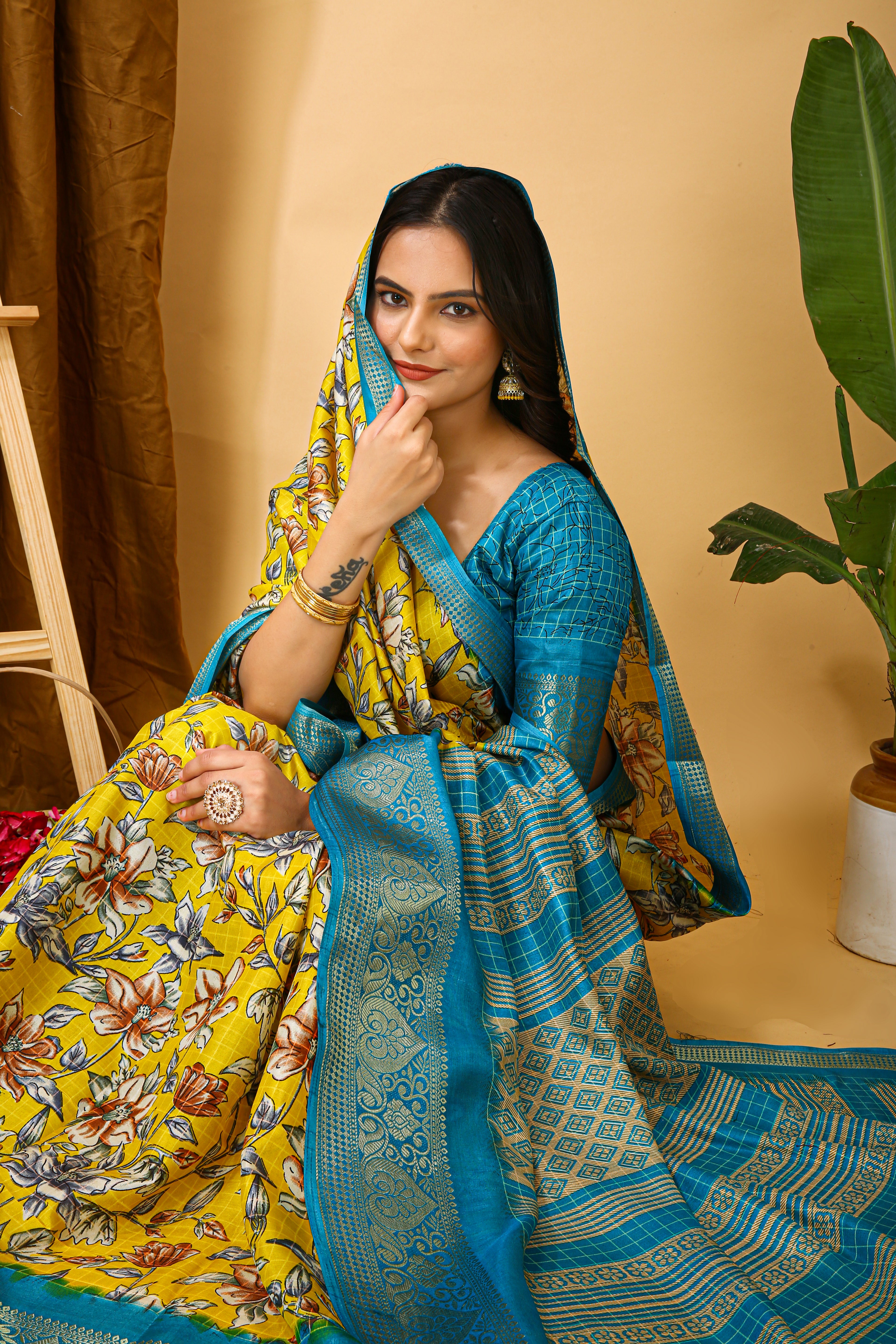 New Enchanting Soft Cotton Sky Blue Bordered Yellow Saree With Unstiched Blouse