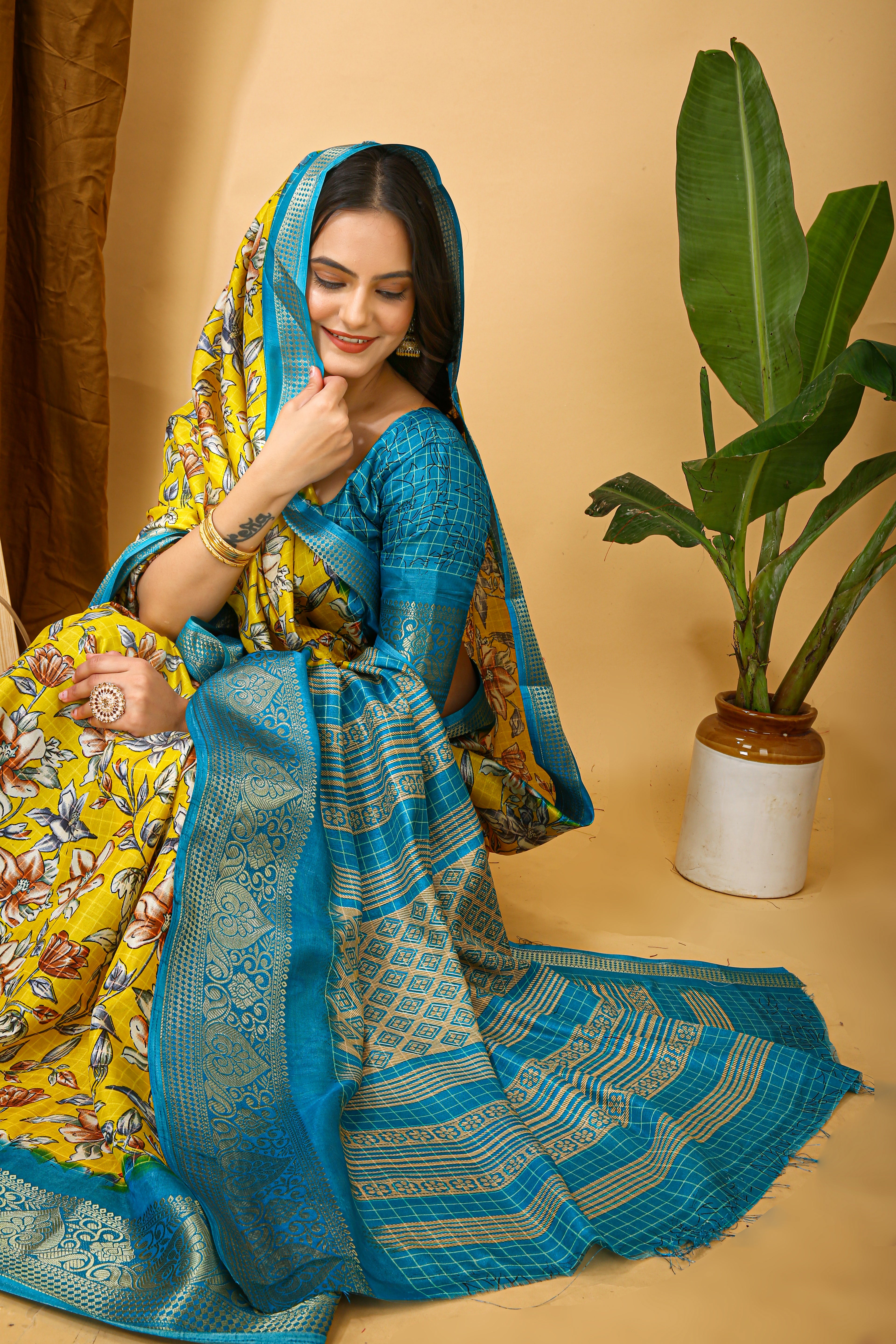 New Enchanting Soft Cotton Sky Blue Bordered Yellow Saree With Unstiched Blouse