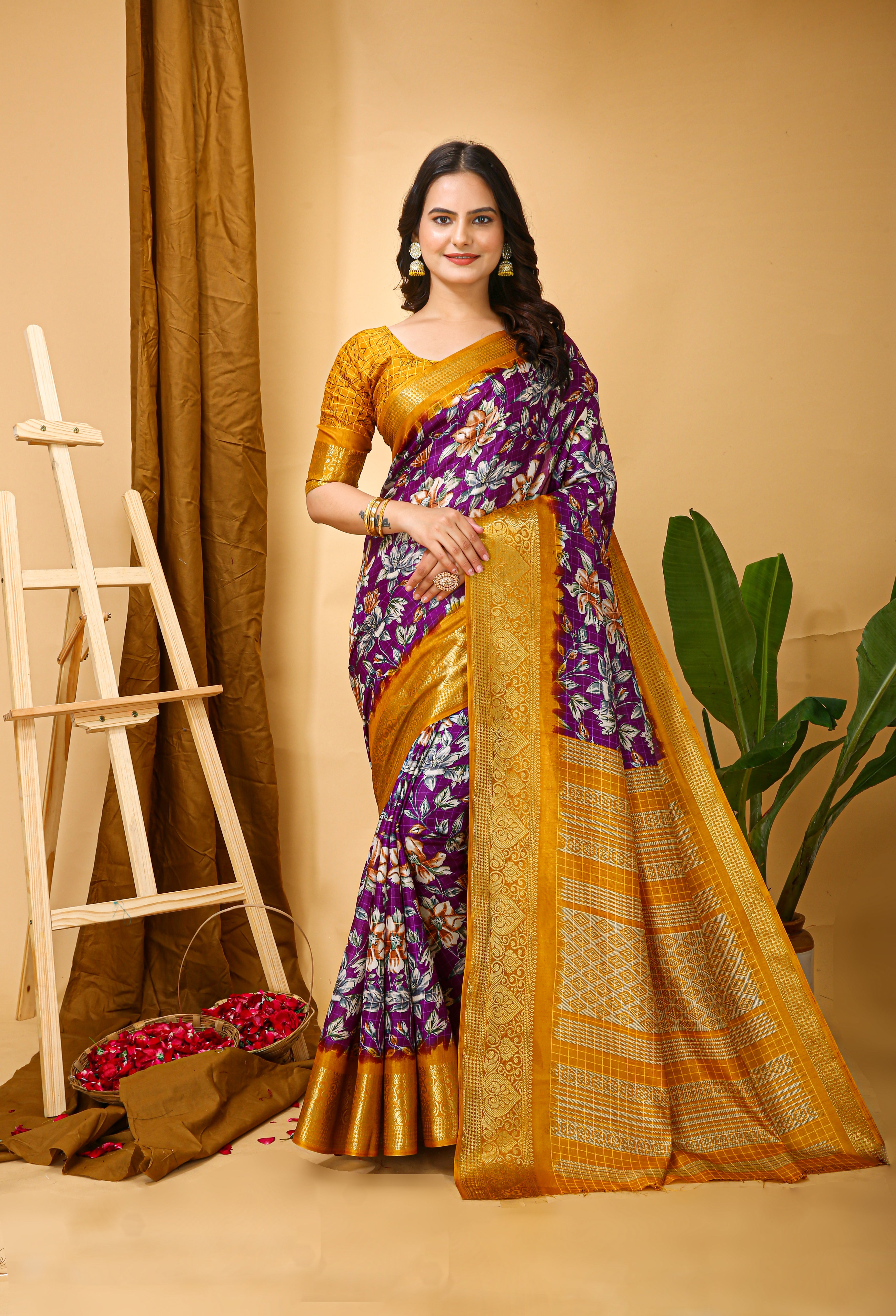 New Enchanting Soft Cotton Yellow Bordered Violet Saree With Unstiched Blouse