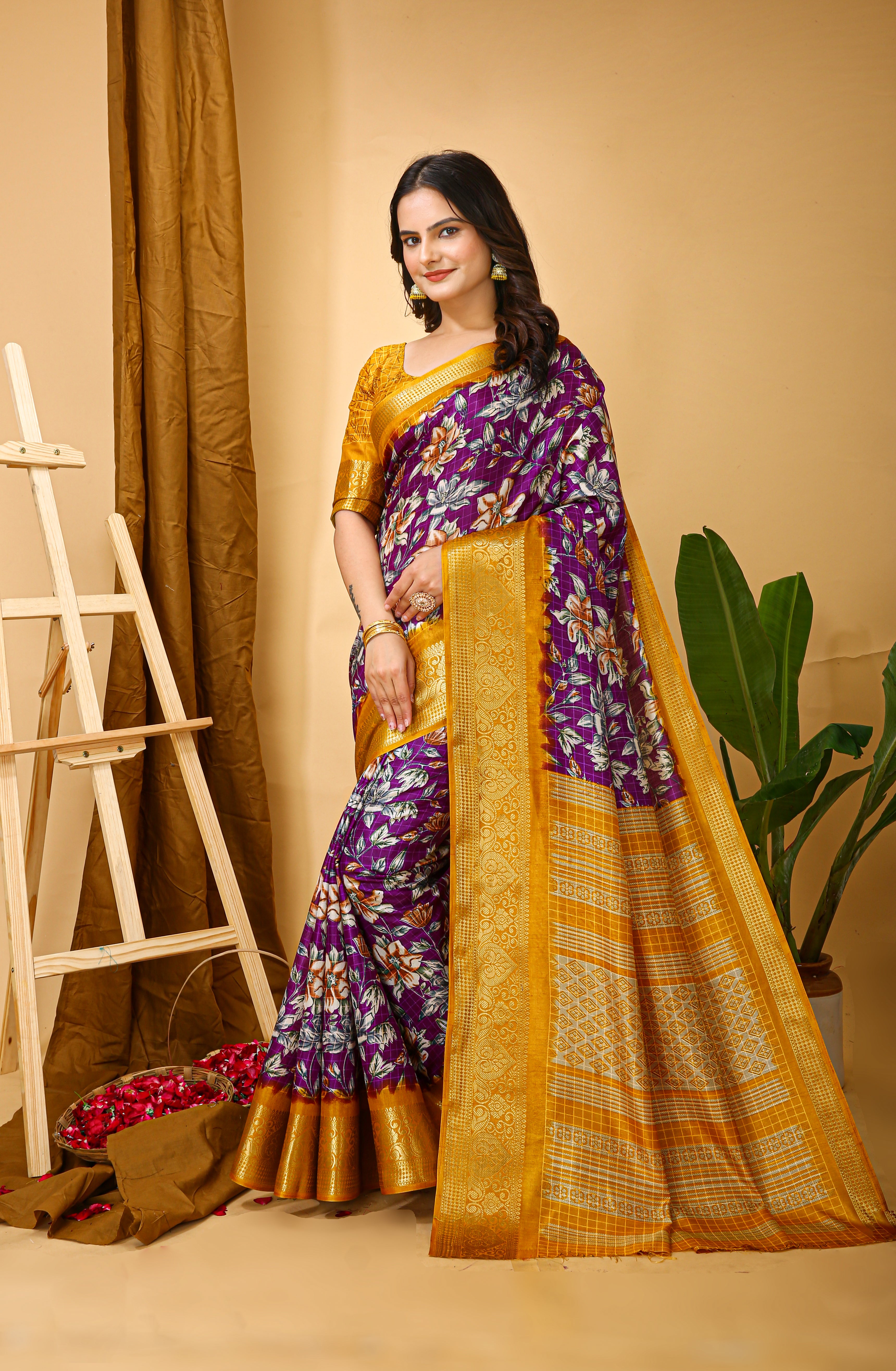 New Enchanting Soft Cotton Yellow Bordered Violet Saree With Unstiched Blouse