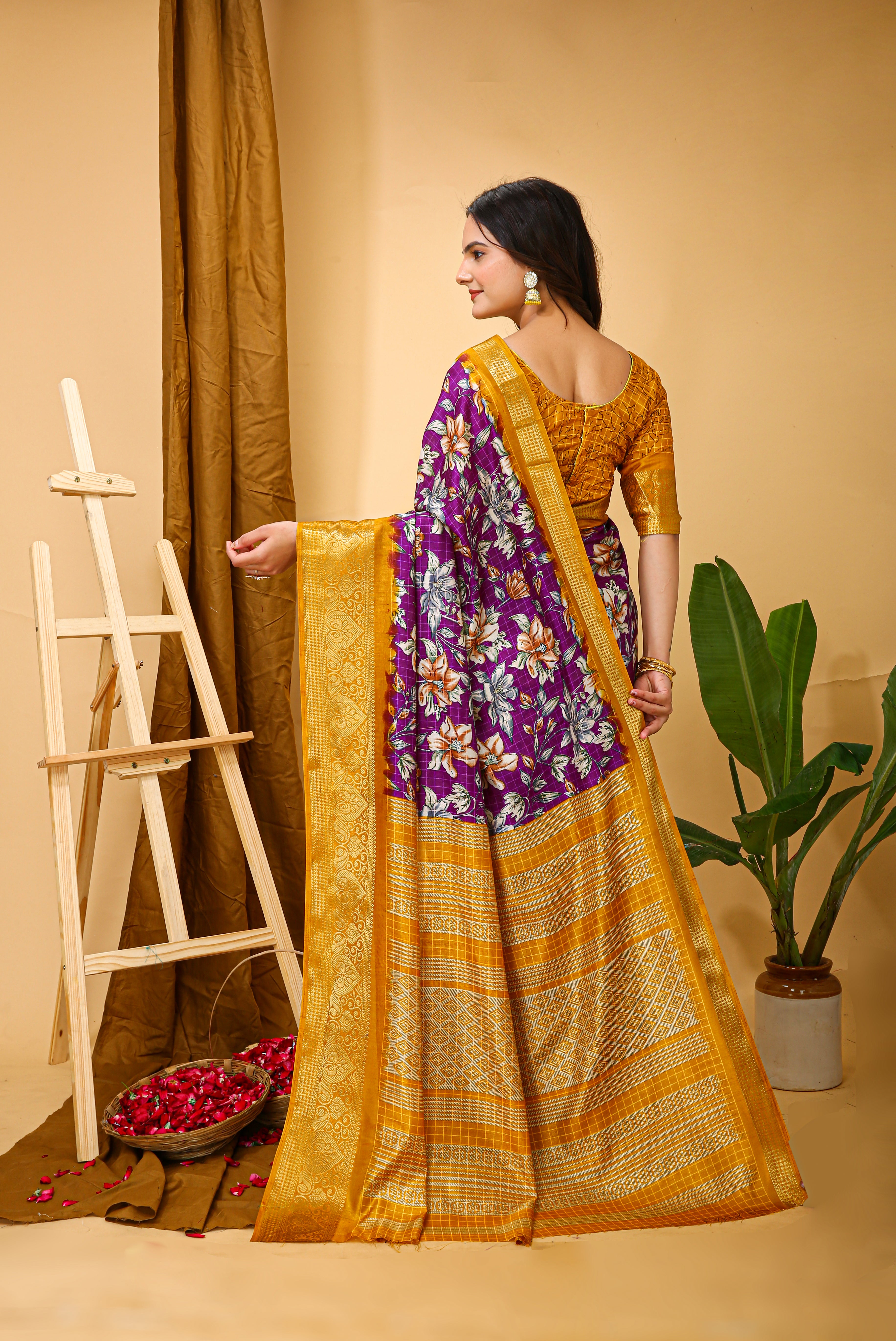 New Enchanting Soft Cotton Yellow Bordered Violet Saree With Unstiched Blouse