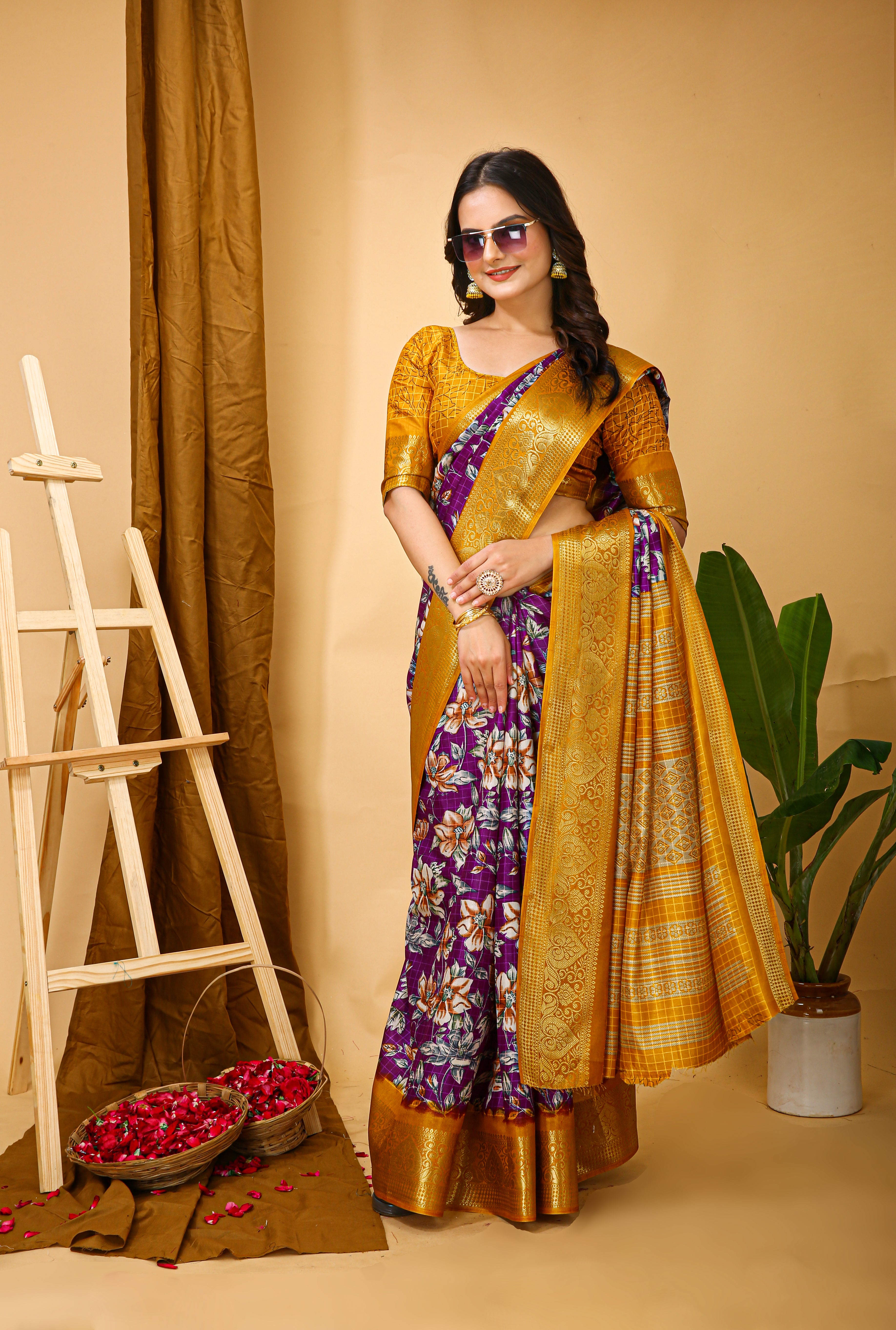 New Enchanting Soft Cotton Yellow Bordered Violet Saree With Unstiched Blouse