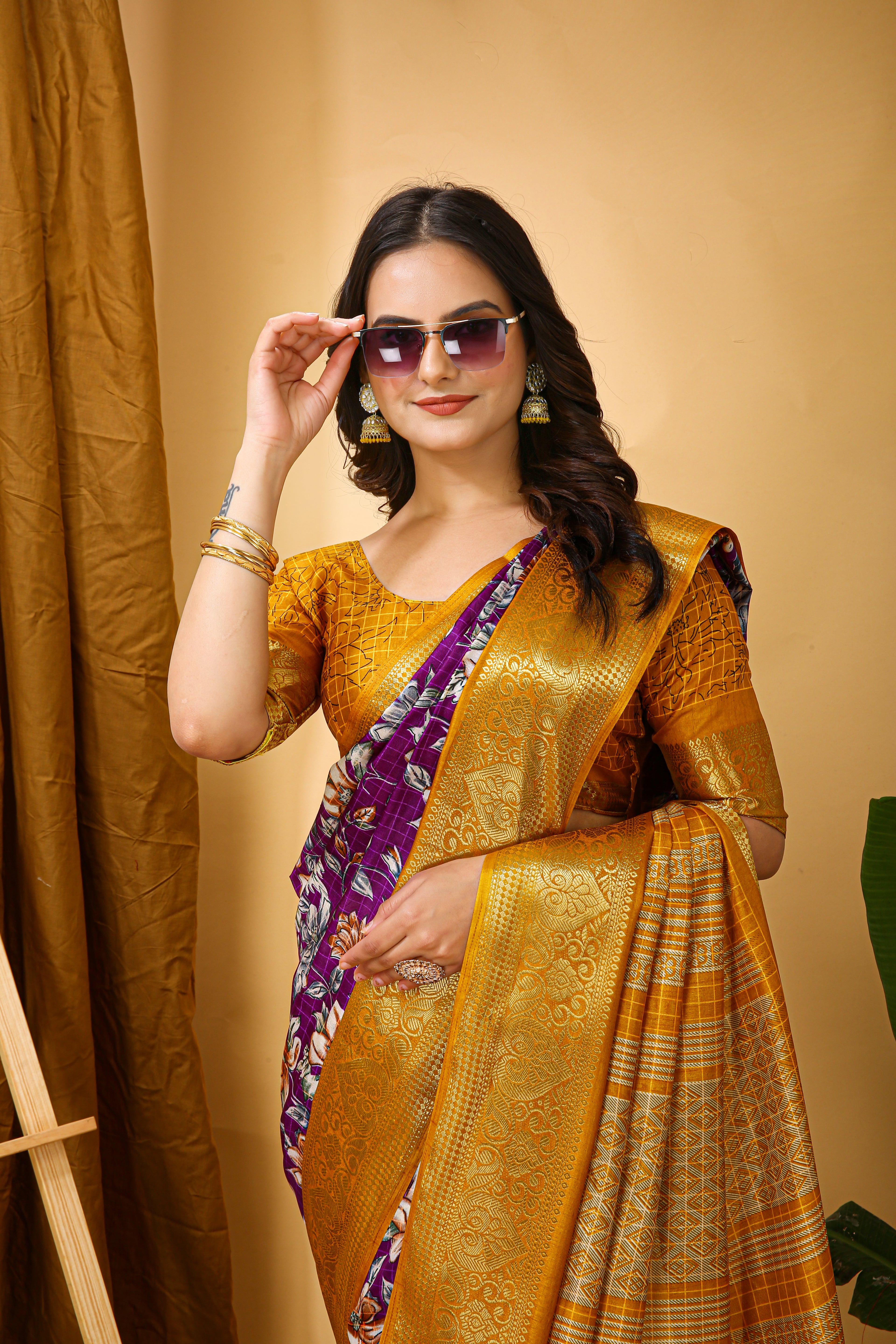 New Enchanting Soft Cotton Yellow Bordered Violet Saree With Unstiched Blouse