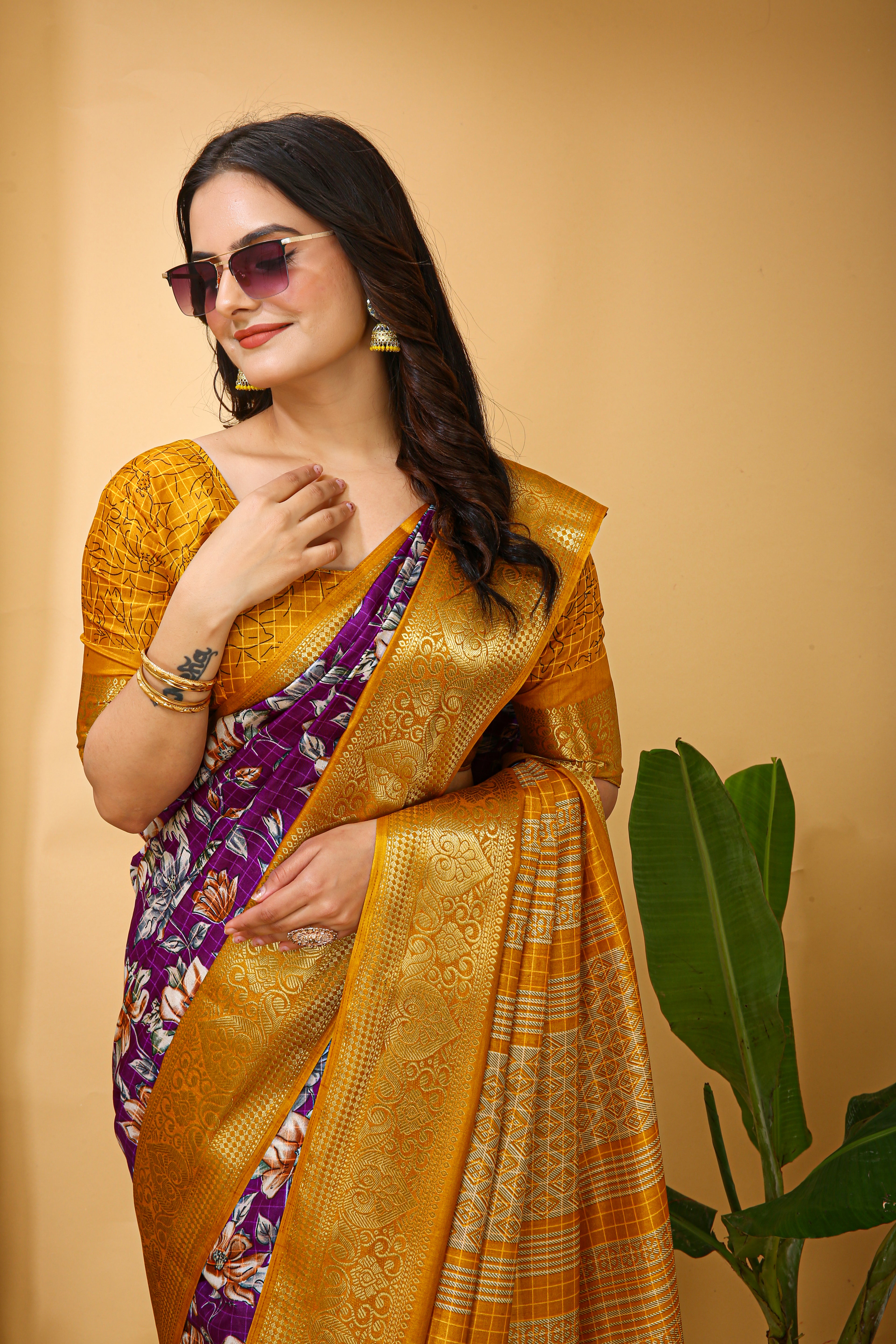 New Enchanting Soft Cotton Yellow Bordered Violet Saree With Unstiched Blouse