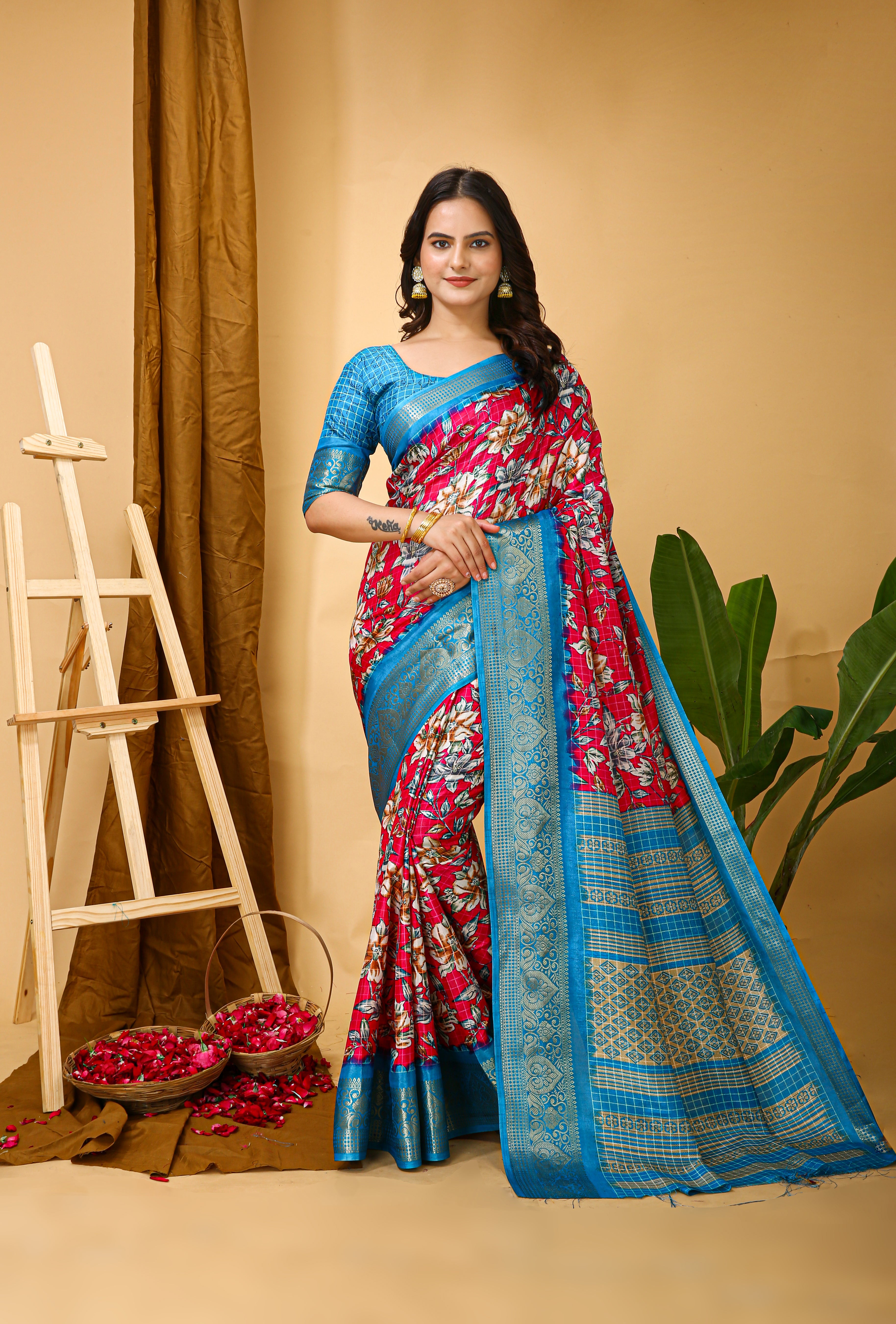 New Enchanting Soft Cotton Sky Blue Bordered Pink Saree With Unstiched Blouse