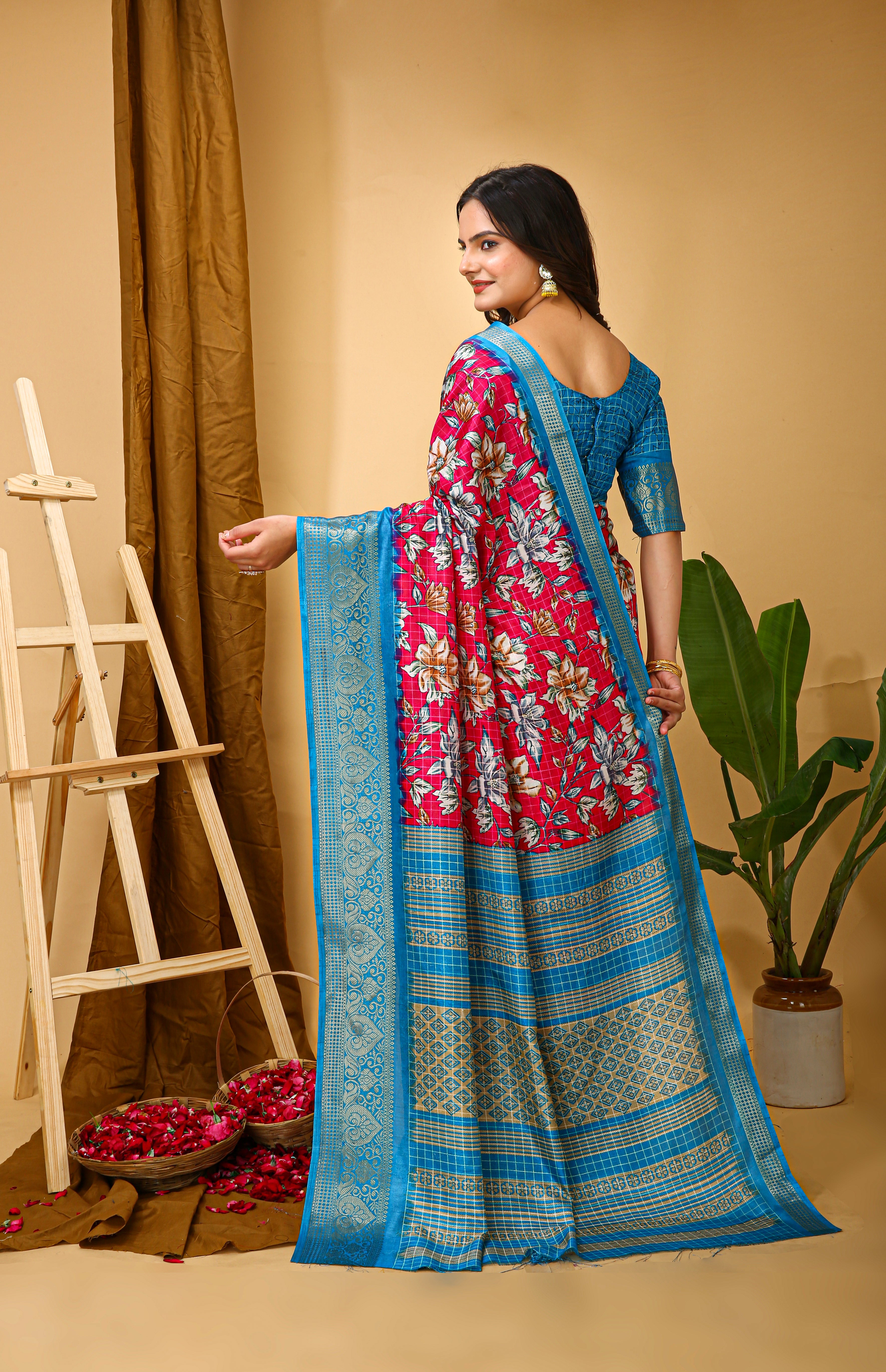 New Enchanting Soft Cotton Sky Blue Bordered Pink Saree With Unstiched Blouse