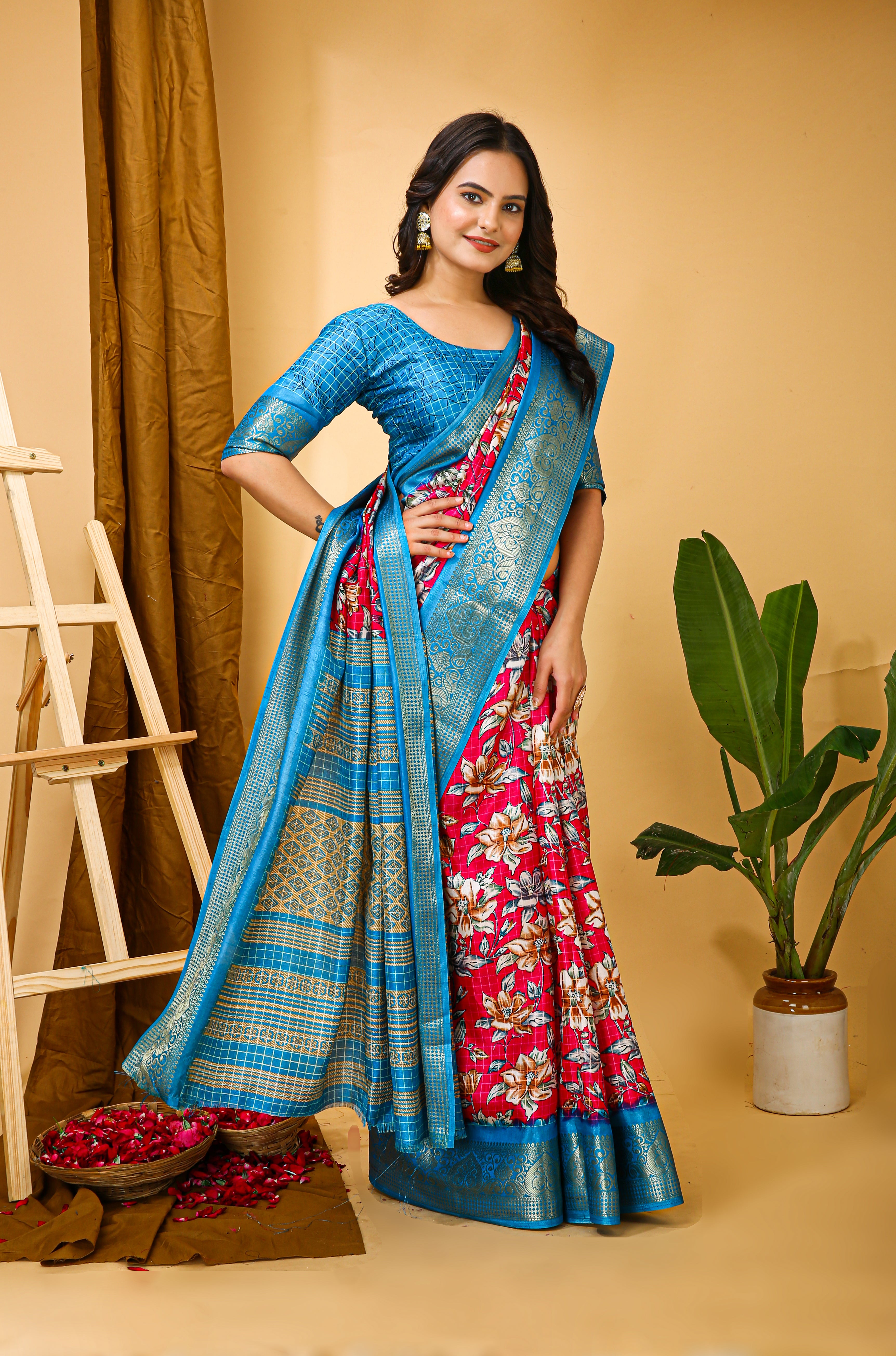 New Enchanting Soft Cotton Sky Blue Bordered Pink Saree With Unstiched Blouse