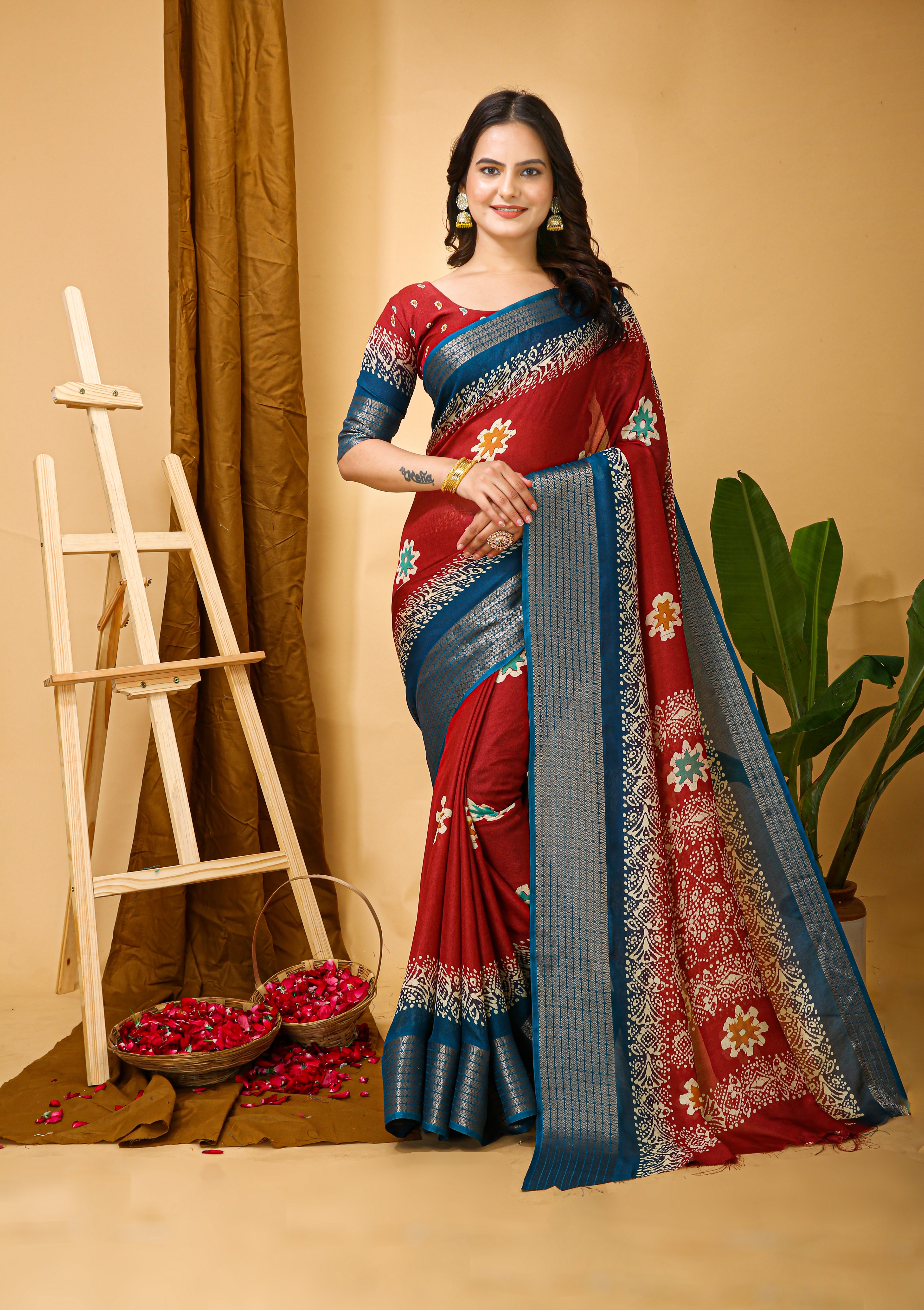 New Enchanting Fancy Soft Marshmallow Blue Bodered Red Saree With Unstiched Blouse