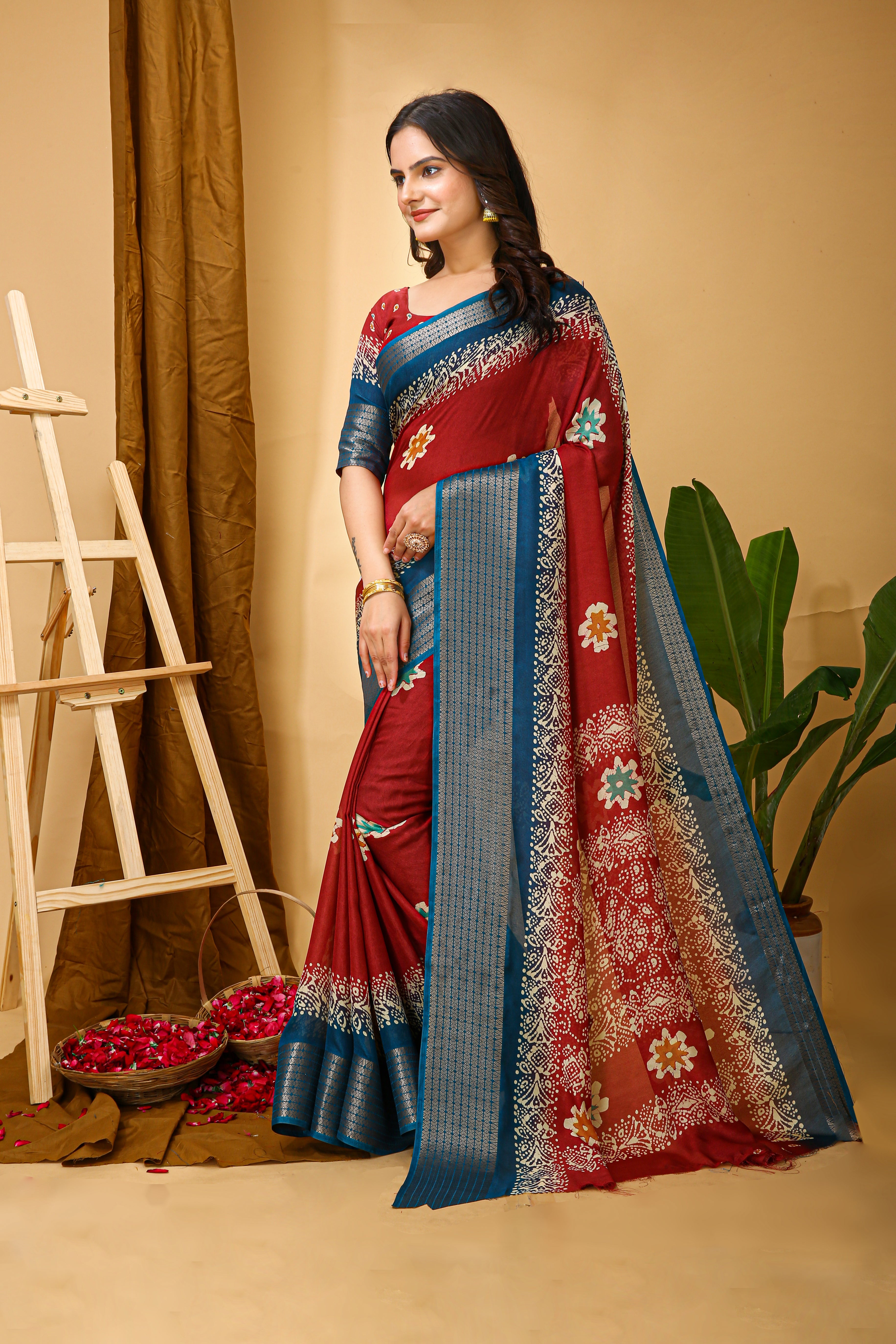 New Enchanting Fancy Soft Marshmallow Blue Bodered Red Saree With Unstiched Blouse